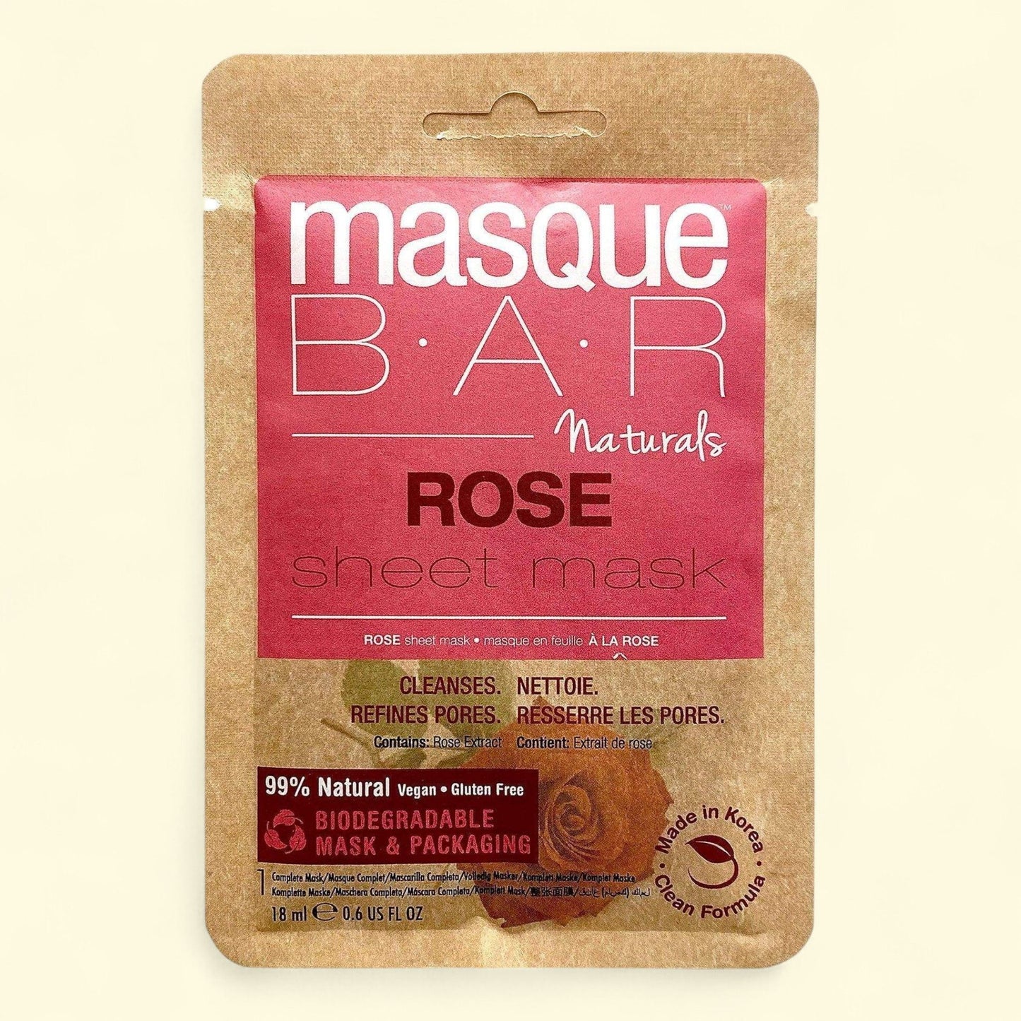 Masque Bar Naturals Rose Sheet Mask, 99% Natural, Vegan, Gluten Fre... — authentic US product shipped worldwide by Treatspree