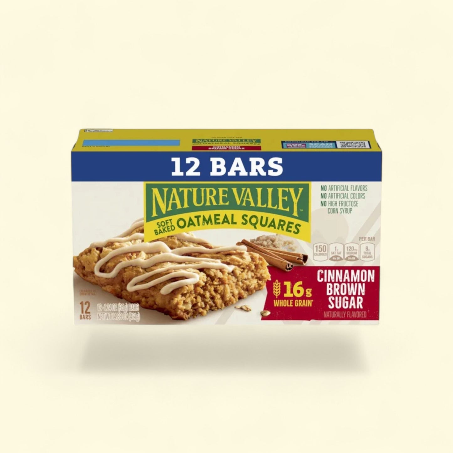 Nature Valley Oatmeal Squares Cinnamon Brown Sugar flavor on a beige background