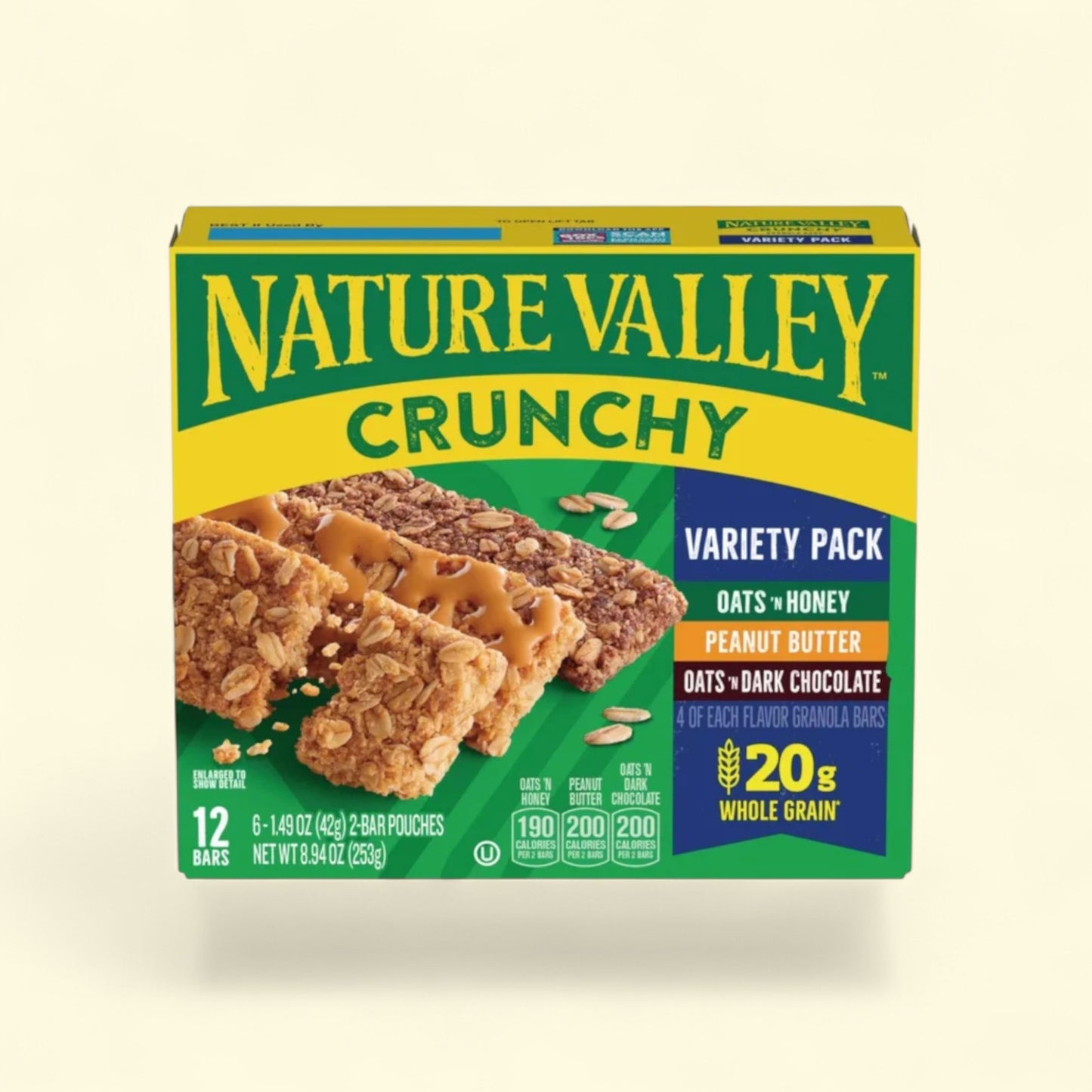 Nature Valley Crunchy Oats and honey oats and dark chocolate granola bar variety pack on a beige background