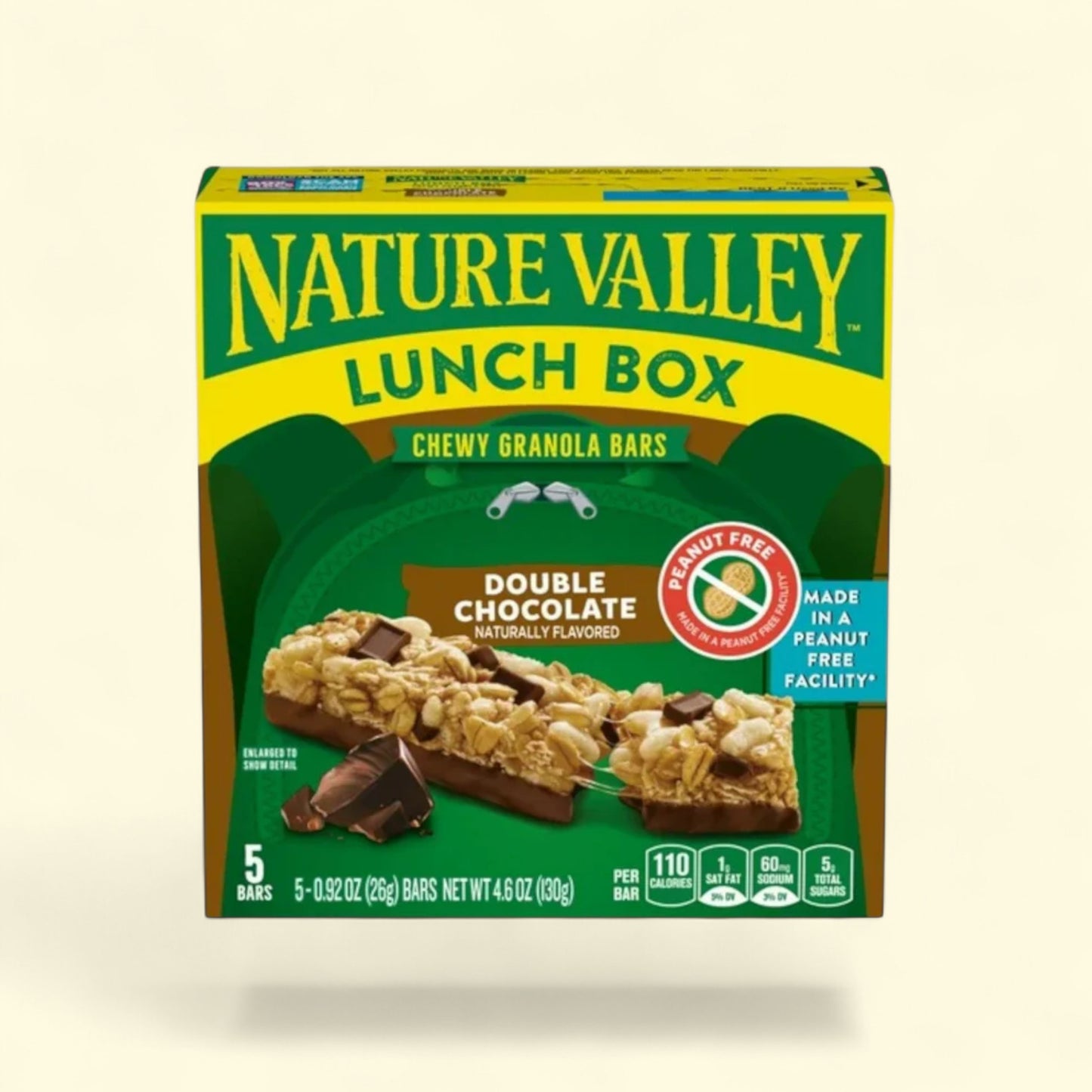 Nature Valley Lunch Box Double Chocolate Chewy Granola Bars packaging on a beige background