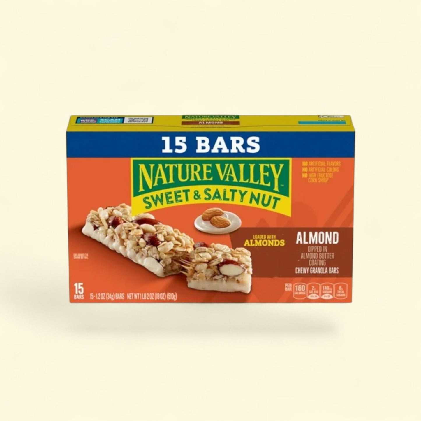 Nature Valley Sweet & Salty Nut Almond granola bars on a beige background