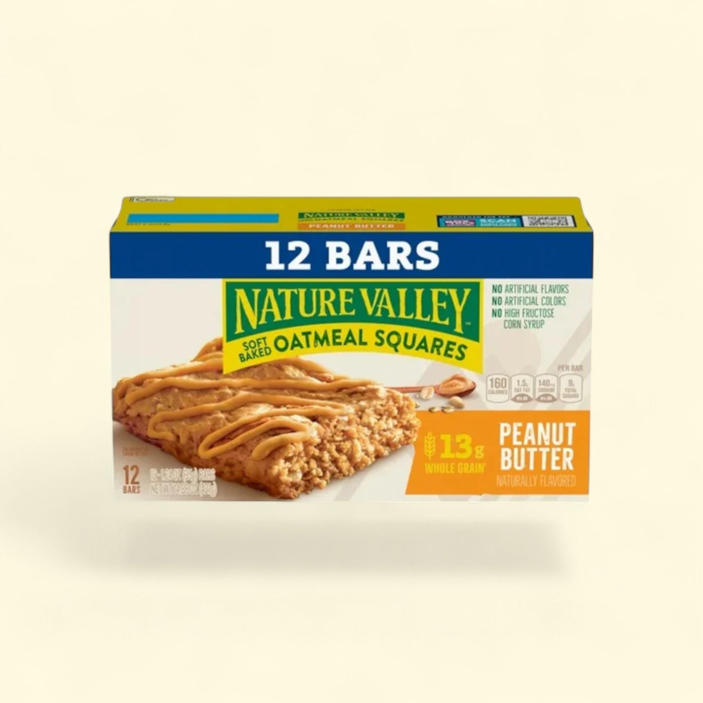 Nature Valley Soft baked Oatmeal Squares Peanut Butter flavor on a beige background