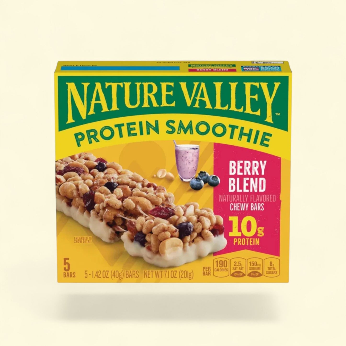Nature Valley Protein Smoothie Berry Blend chewy bars on a beige background