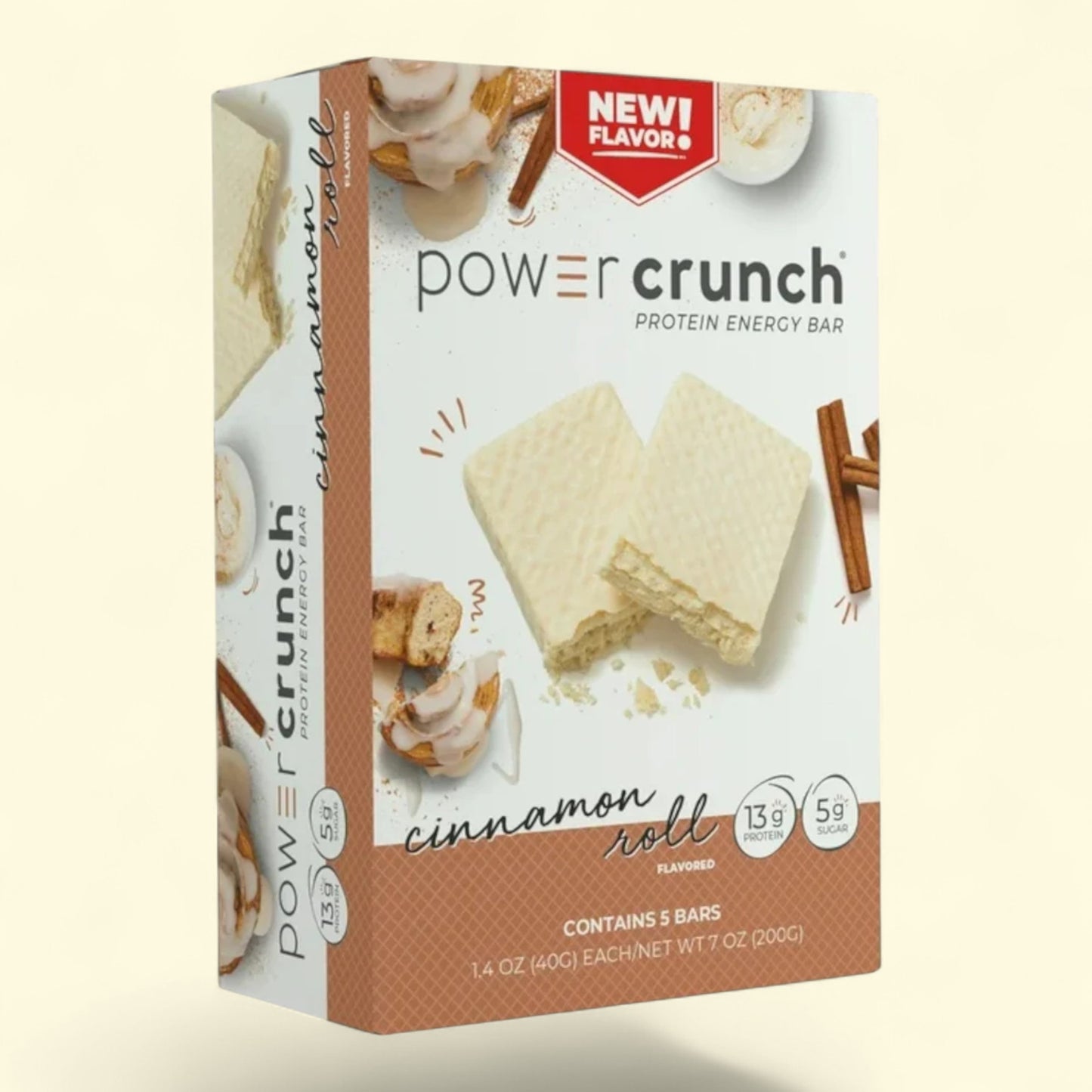 Power Crunch Protein Energy Bar packaging for cinnamon roll flavor on a beige background