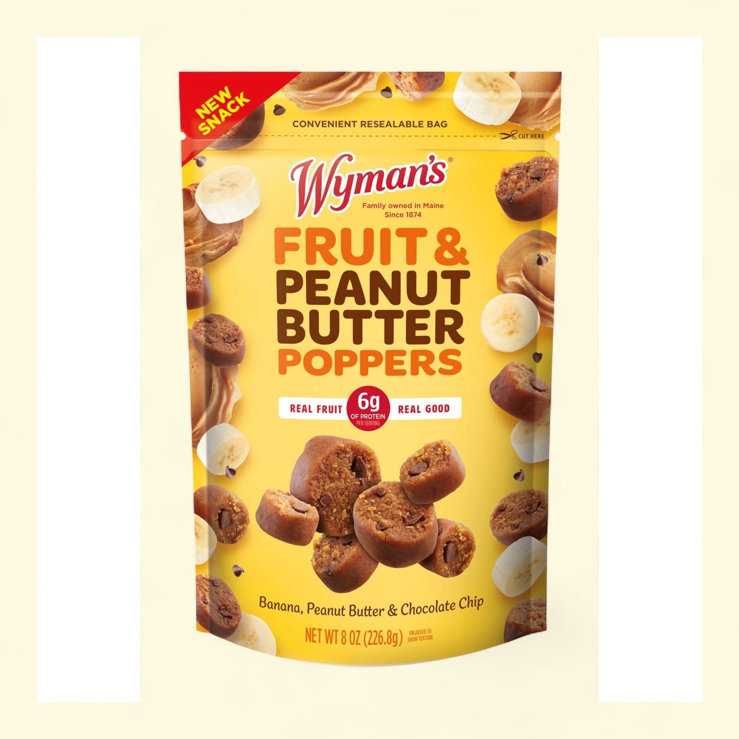 Wyman's Fruit & Peanut Butter Poppers, Banana, Peanut Butter & Chocolate Chip, 8oz Bag