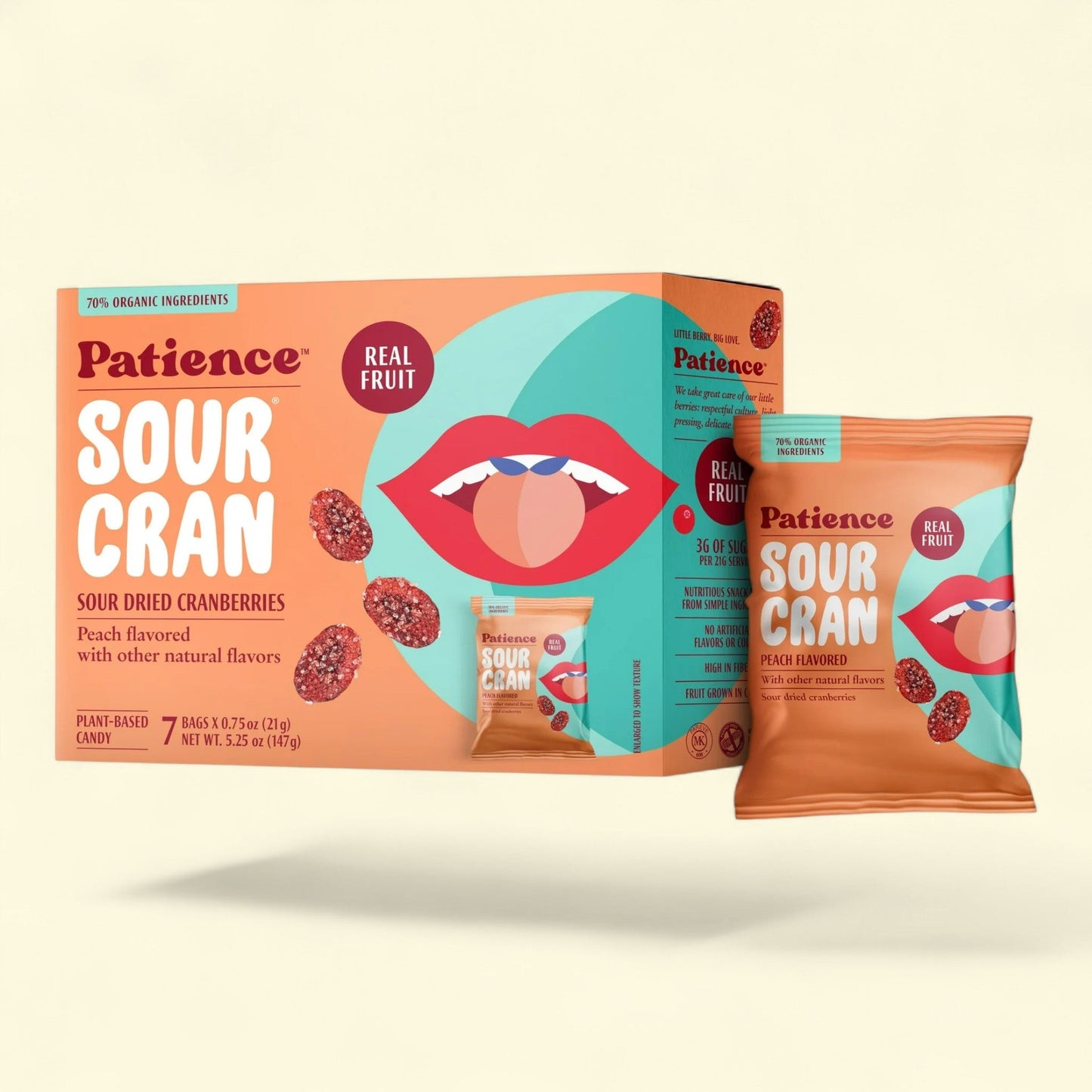 Patience SourCran Dried Cranberry Fruit Snack, Peach Flavor, 0.75 oz Pouch, 7 Count