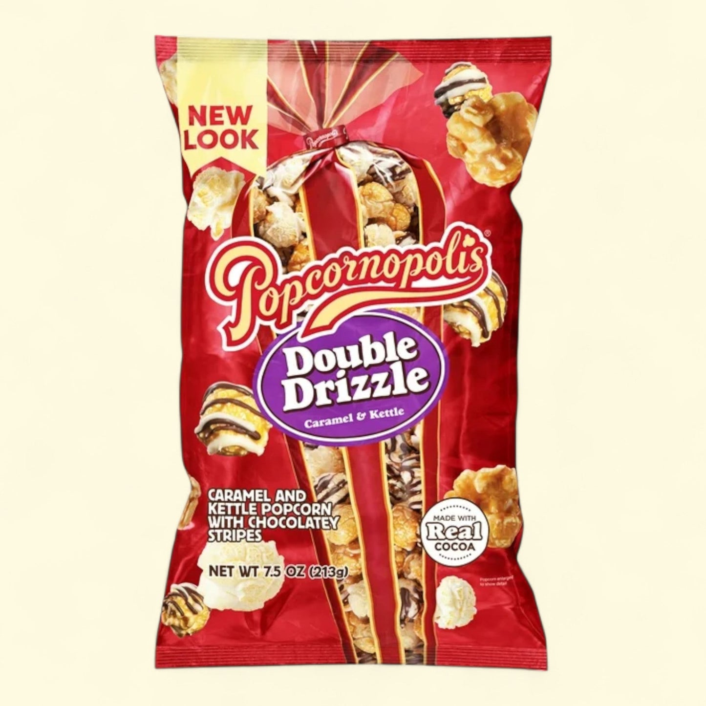 Popcornopolis Double Drizzle 7.5 oz Bag, Caramel and Kettle with Chocolatey Stripes Popcorn