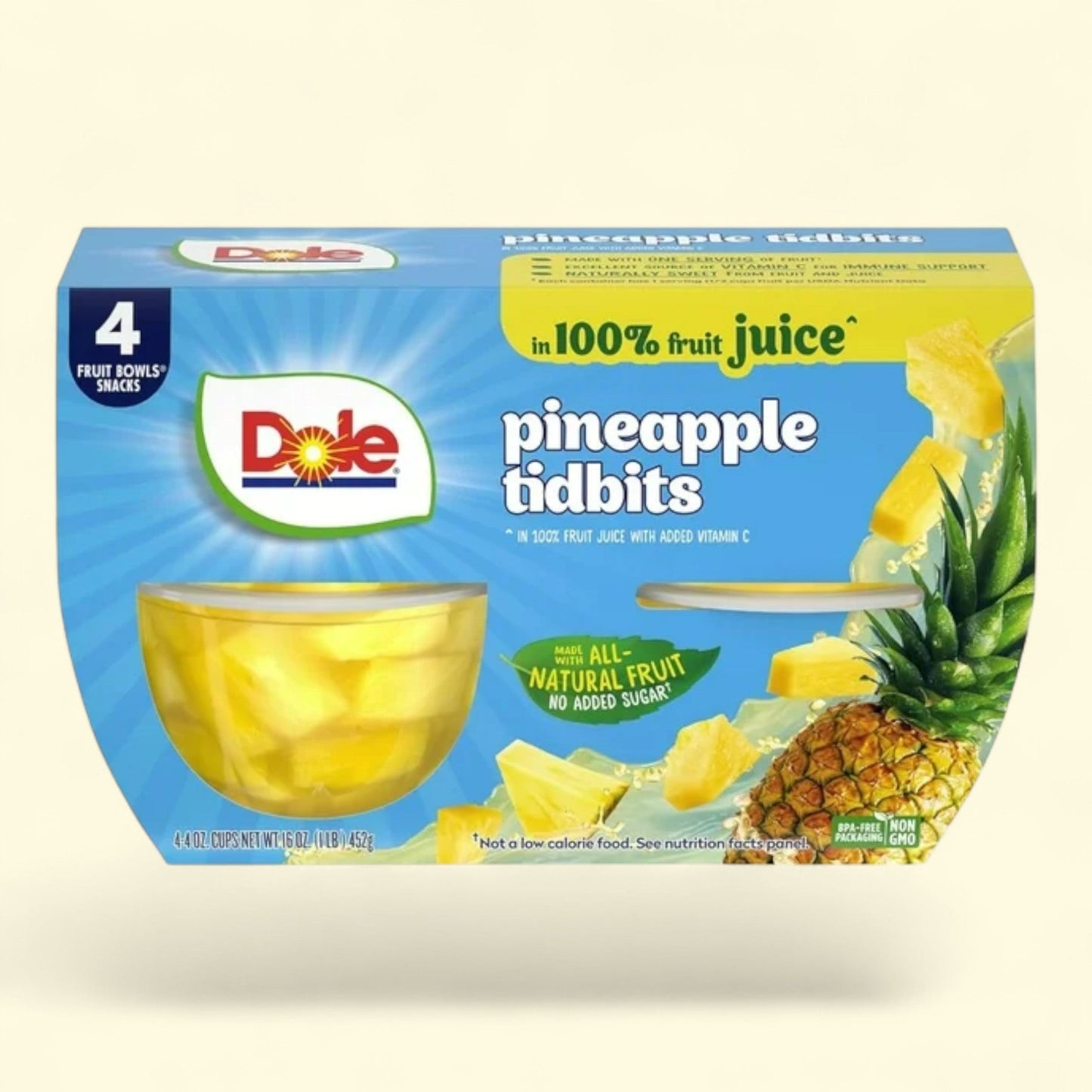 Dole Fruit Bowls Pineapple Tidbits, 4 oz Cups (4 Pack)
