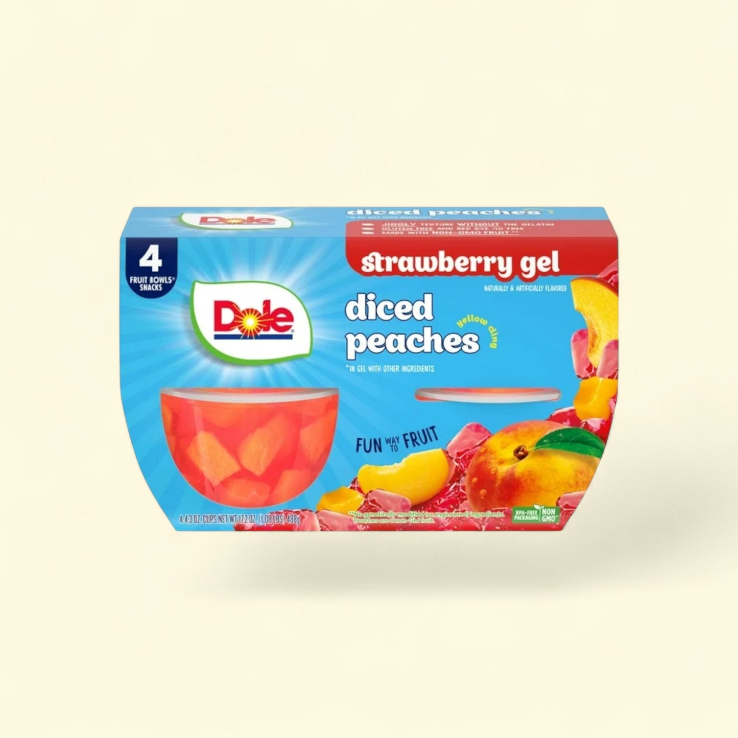 Dole Fruit Bowls Diced Peaches in Strawberry Gel, 4.3 oz (4 Pack) — authentic US product shipped worldwide by Treatspree