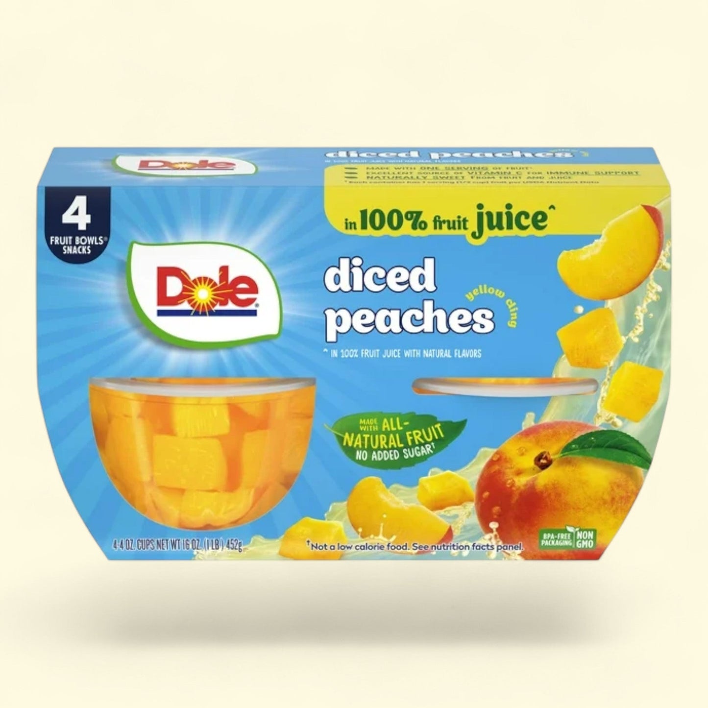 Dole Fruit Bowls Diced Peaches, 4 oz Cups (4 Pack)