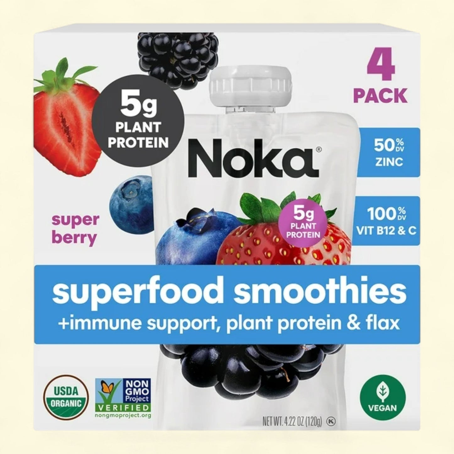 Noka Organic Super Berry Smoothie Pouches, 4.22oz, 4-Pack