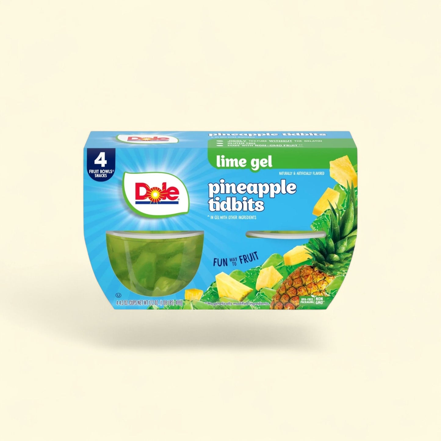 Dole Fruit Bowls Diced Pineapple in Lime Gel, 4.3 oz Cups (4 Pack) — authentic US product shipped worldwide by Treatspree