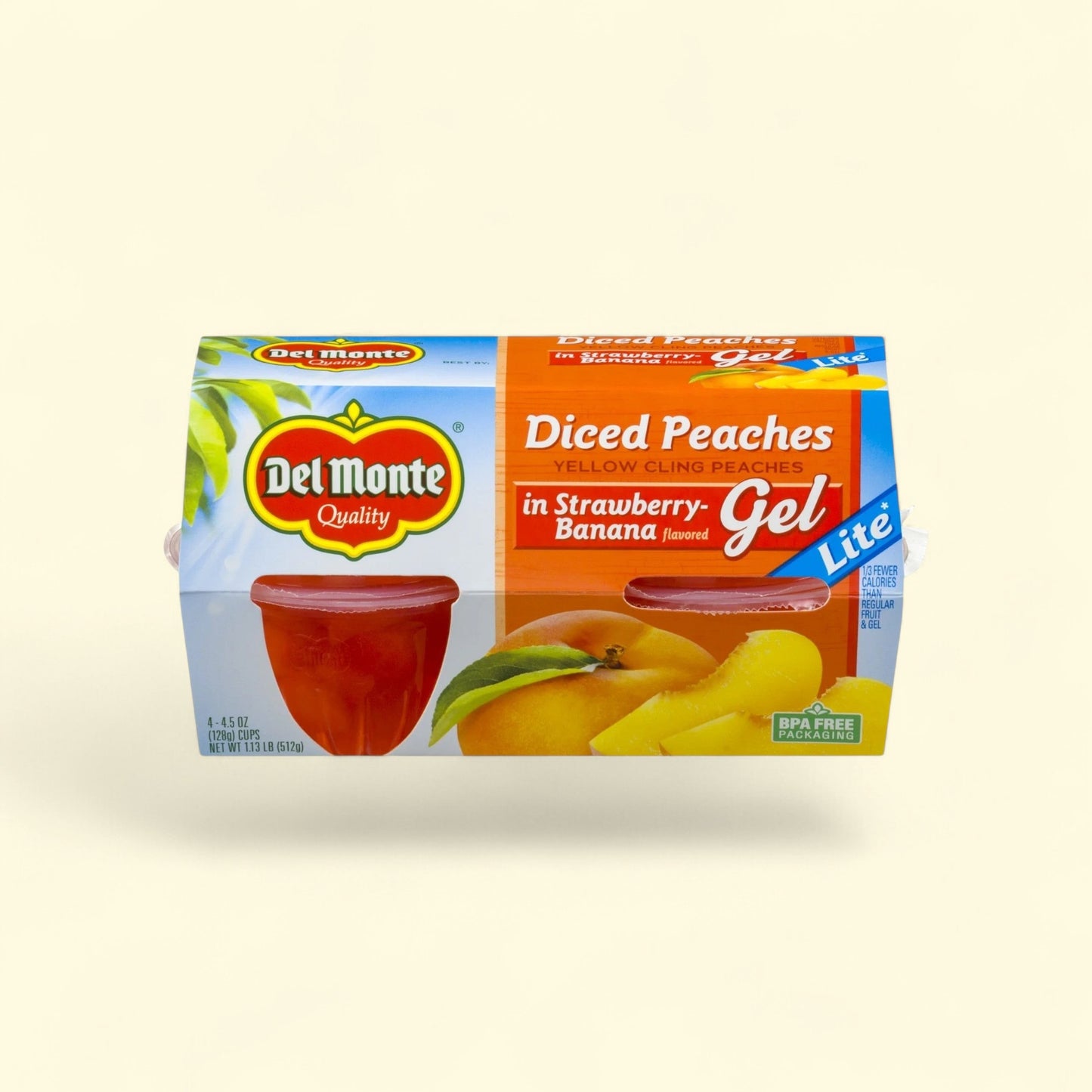 Del Monte Diced Peaches in Strawberry-Banana Flavored Gel, 4.5 oz — authentic US product shipped worldwide by Treatspree