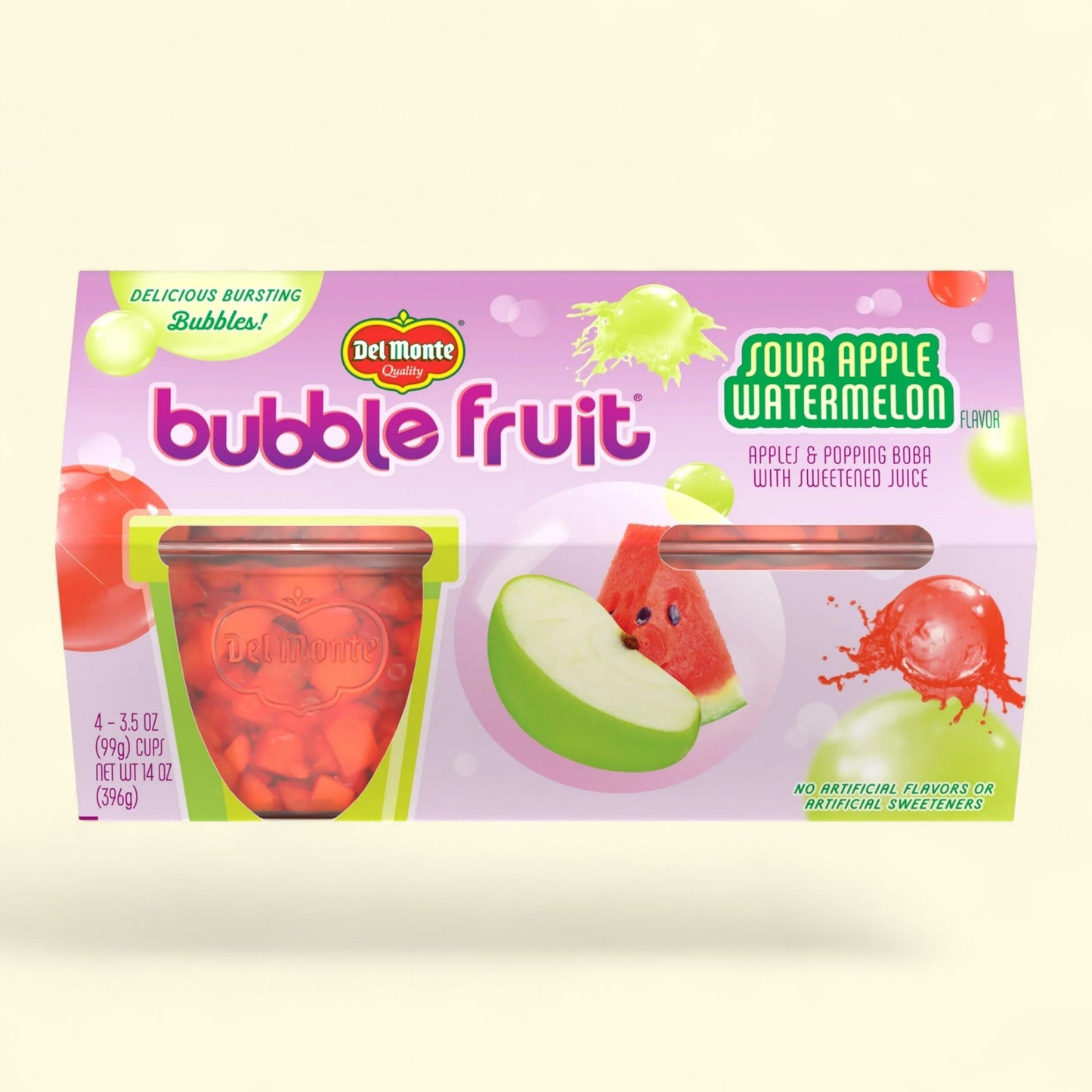 Del Monte Bubble Fruit Sour Apple Watermelon Fruit Cup, 3.5 oz (Pack of 4)