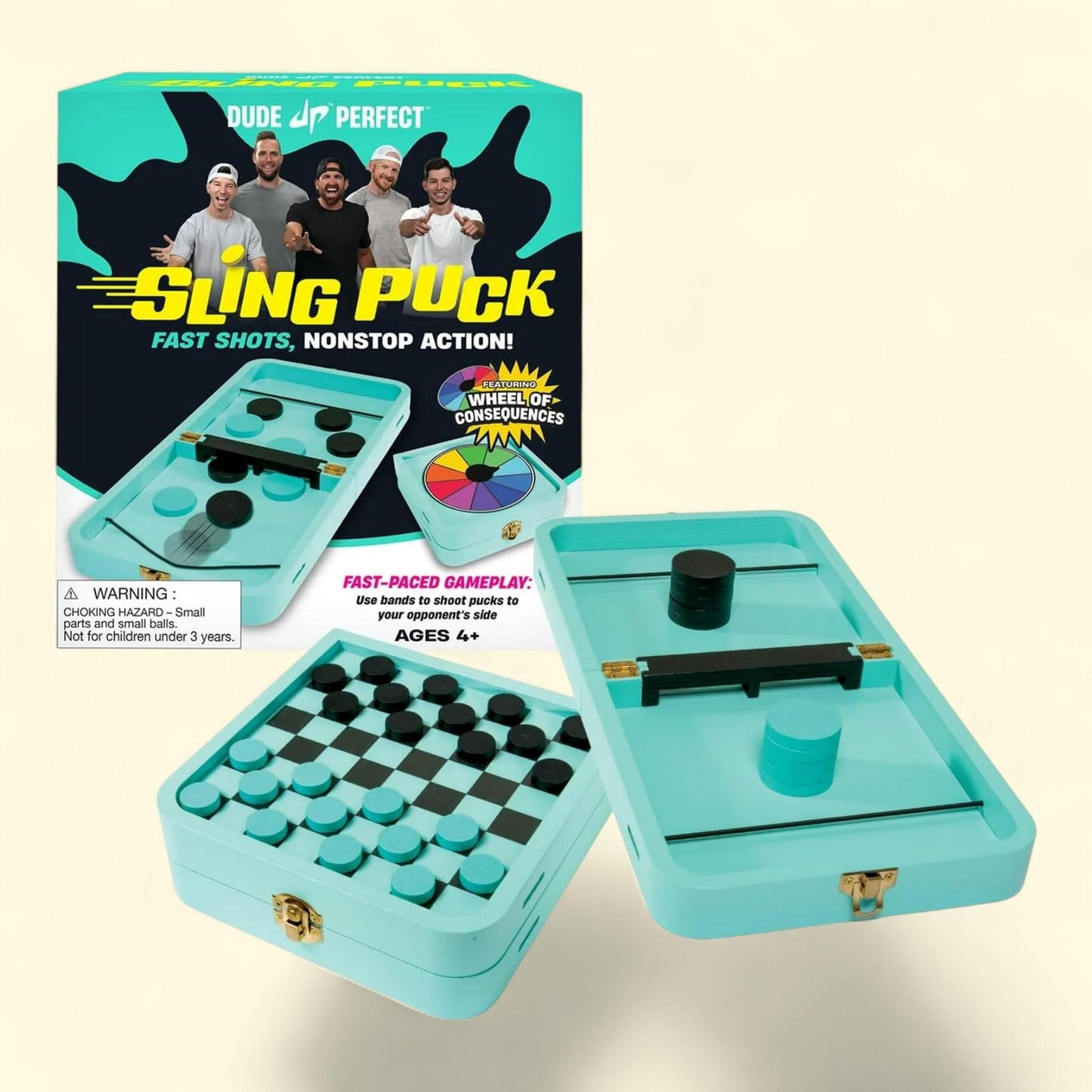 Dude Perfect Sling Puck Board Set, Foldable Tray with Checkers and Spinning Wheel