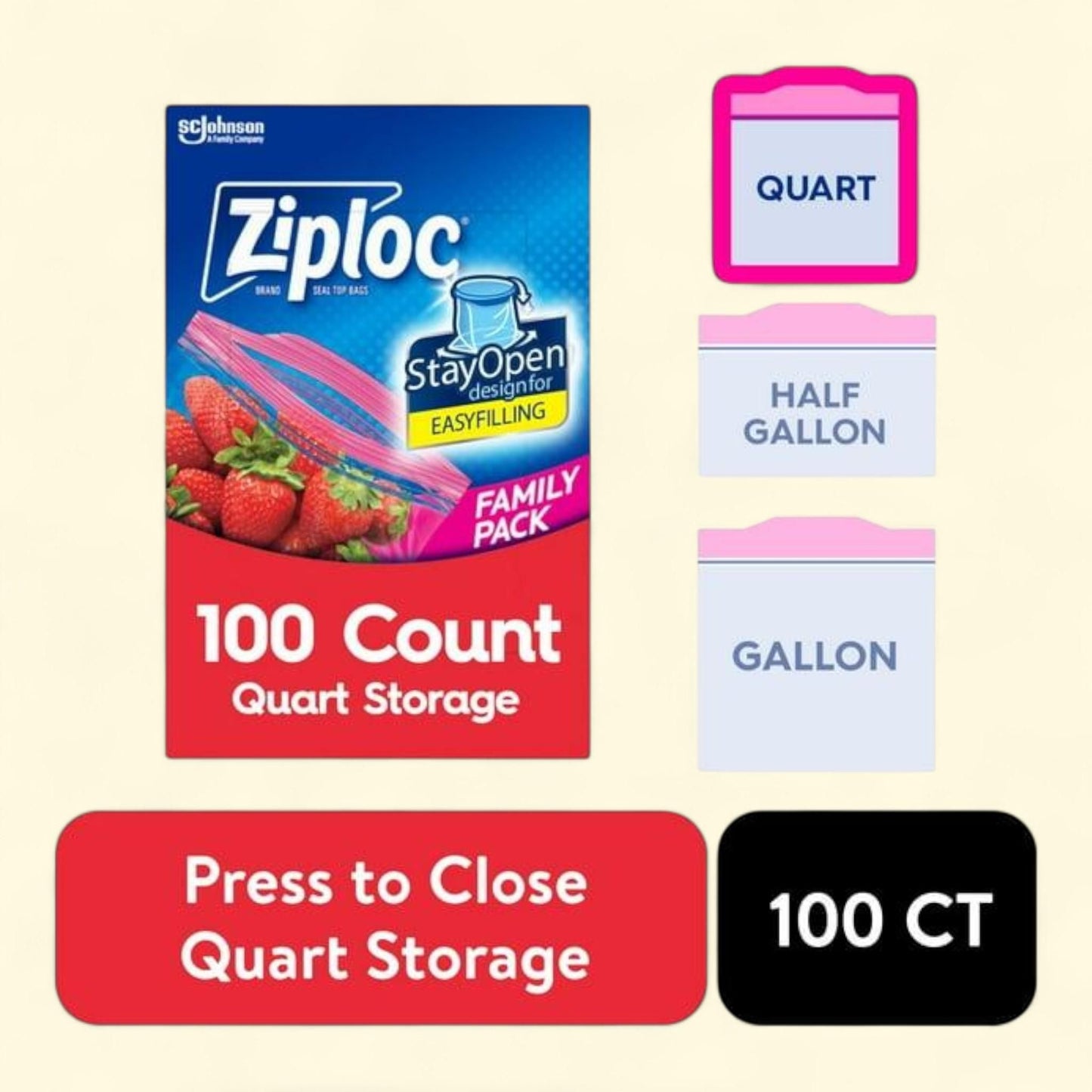 Ziploc Storage Bags, Quart, 100 Count