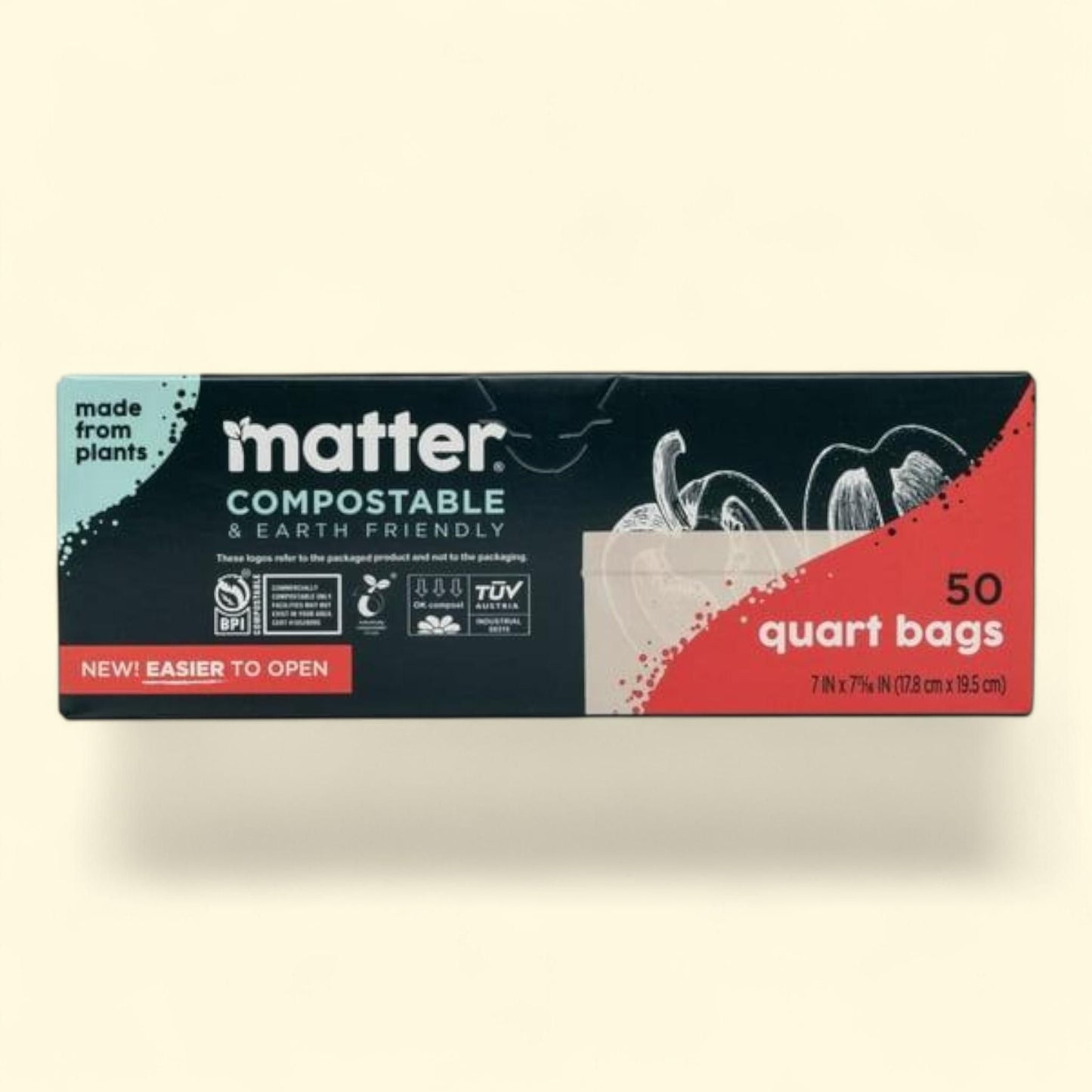 Matter Clear Compostable Food Storage Bags, Quart, 50 Count