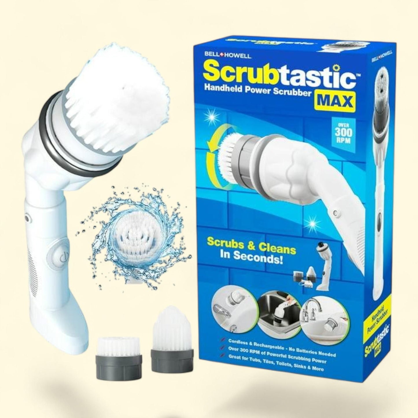 Bell+Howell Scrubtastic Max Spin Scrubber, Rechargeable, 2 Brush Heads