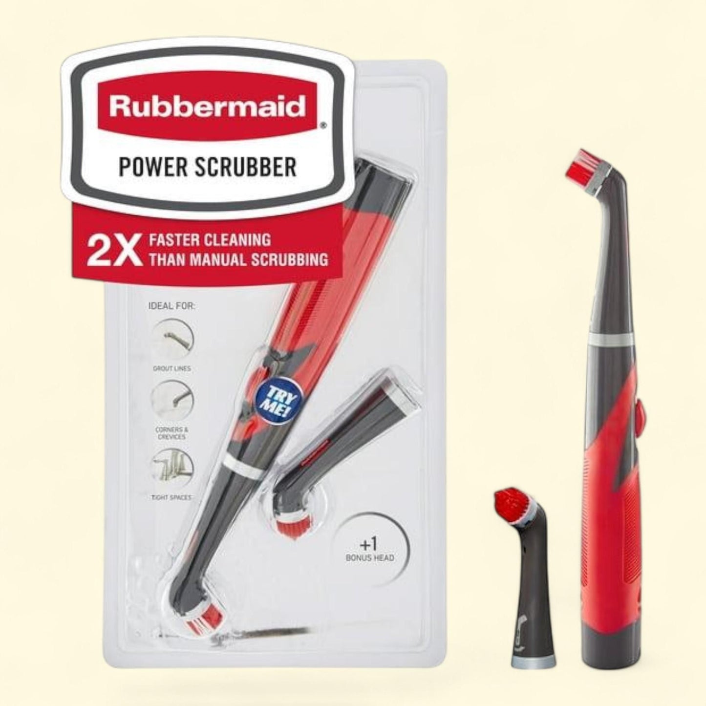 Rubbermaid Power Scrubber, 1 All-Purpose Scrubbing Head and 1 Grout Scrubbing Head