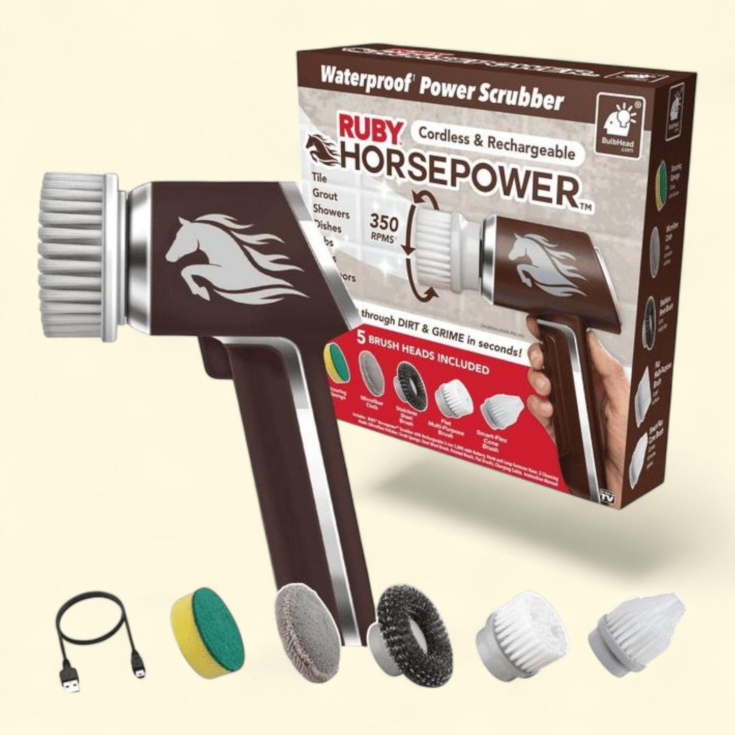 Ruby Horsepower Hand Held Power Scrubber, Multiple Cleaning Brushes