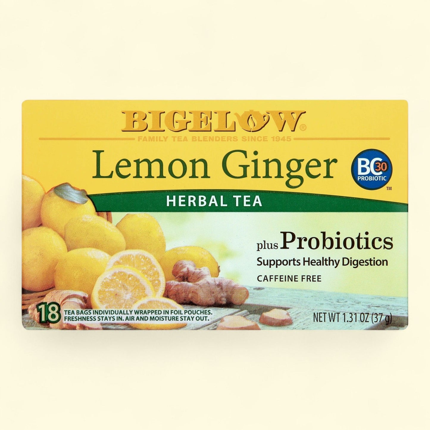 Bigelow Lemon Ginger Plus Probiotics Tea Bags, 18 Count