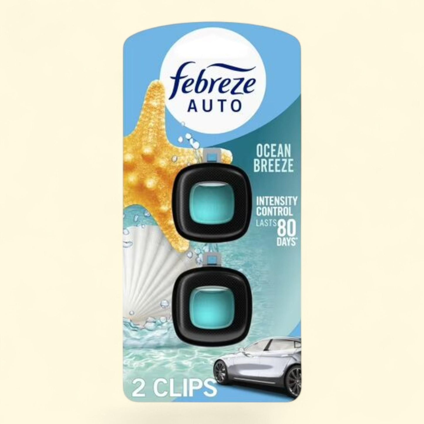Febreze Car Air Freshener, Odor-Fighting Car Vent Clip, Ocean Breeze, 2 Count
