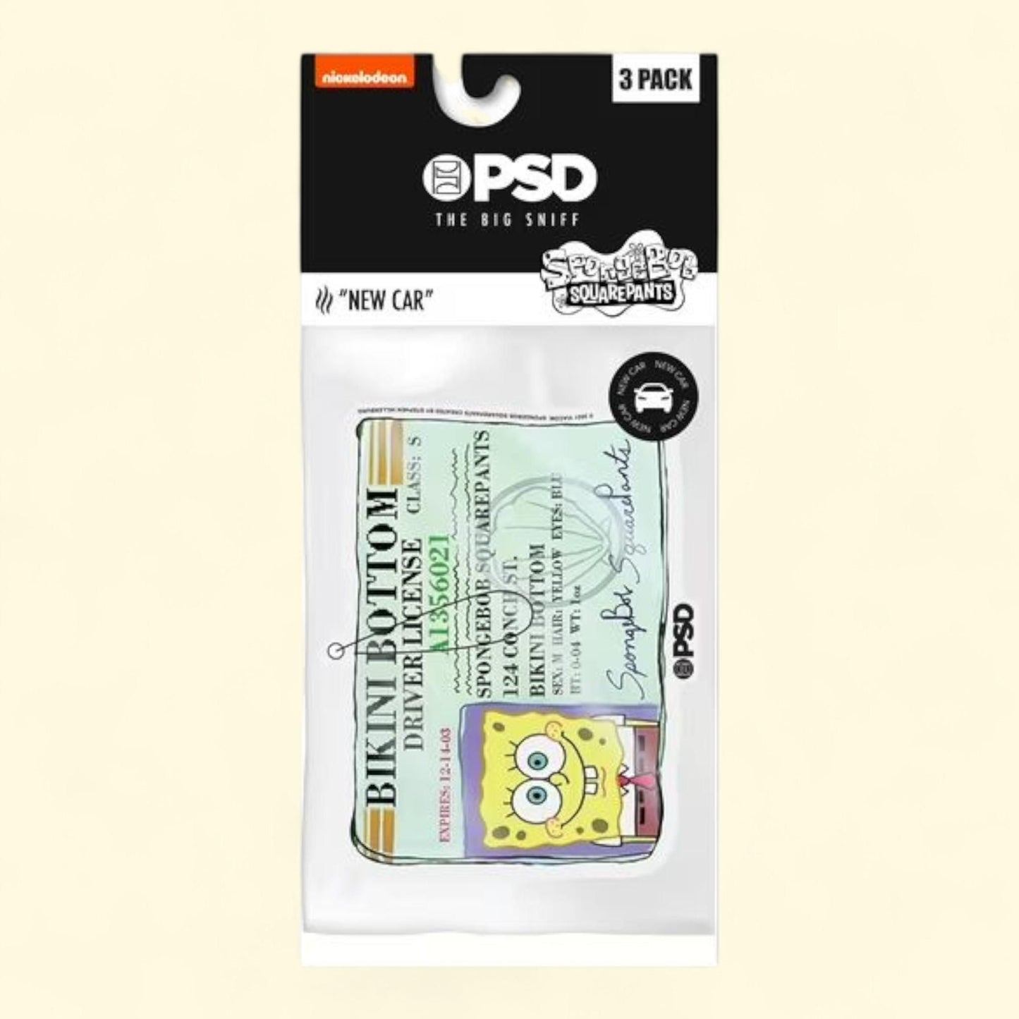 PSD Air Freshener Sponge Bob Square Pants, 3 pack, Driver's License, New Car Scent