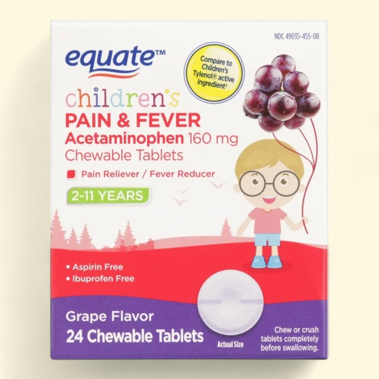 Equate Children's Pain & Fever Relief Chewable Tablets, 160 mg, 24 Count