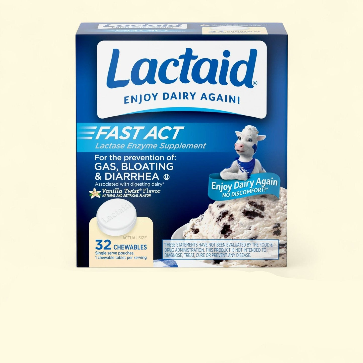 Lactaid Fast Act Lactose Relief Chewables, Vanilla, 32 Packs of 1 Count