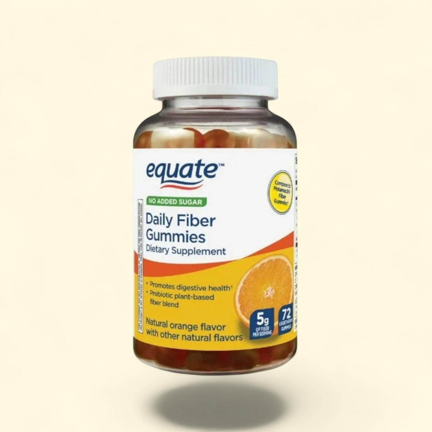 Bottle of Equate Daily Fiber Gummies on a beige background