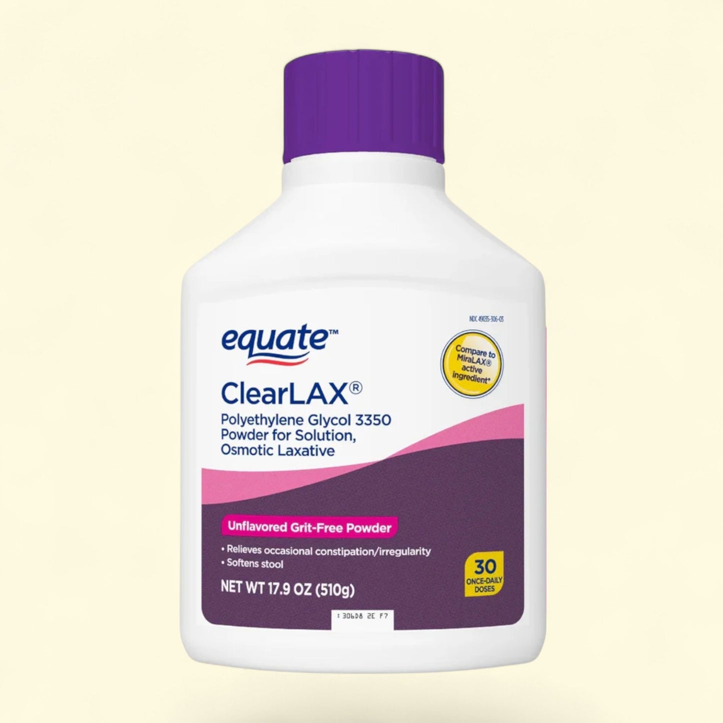Equate ClearLAX laxative powder bottle on a beige background