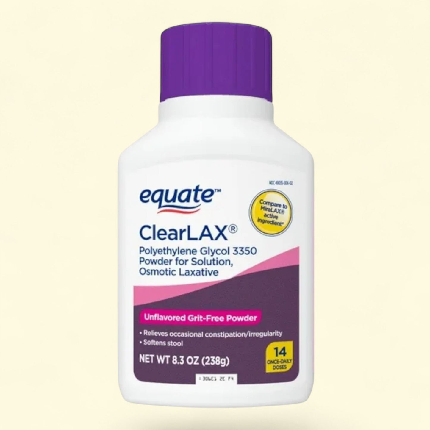 Equate ClearLAX laxative powder bottle on a beige background