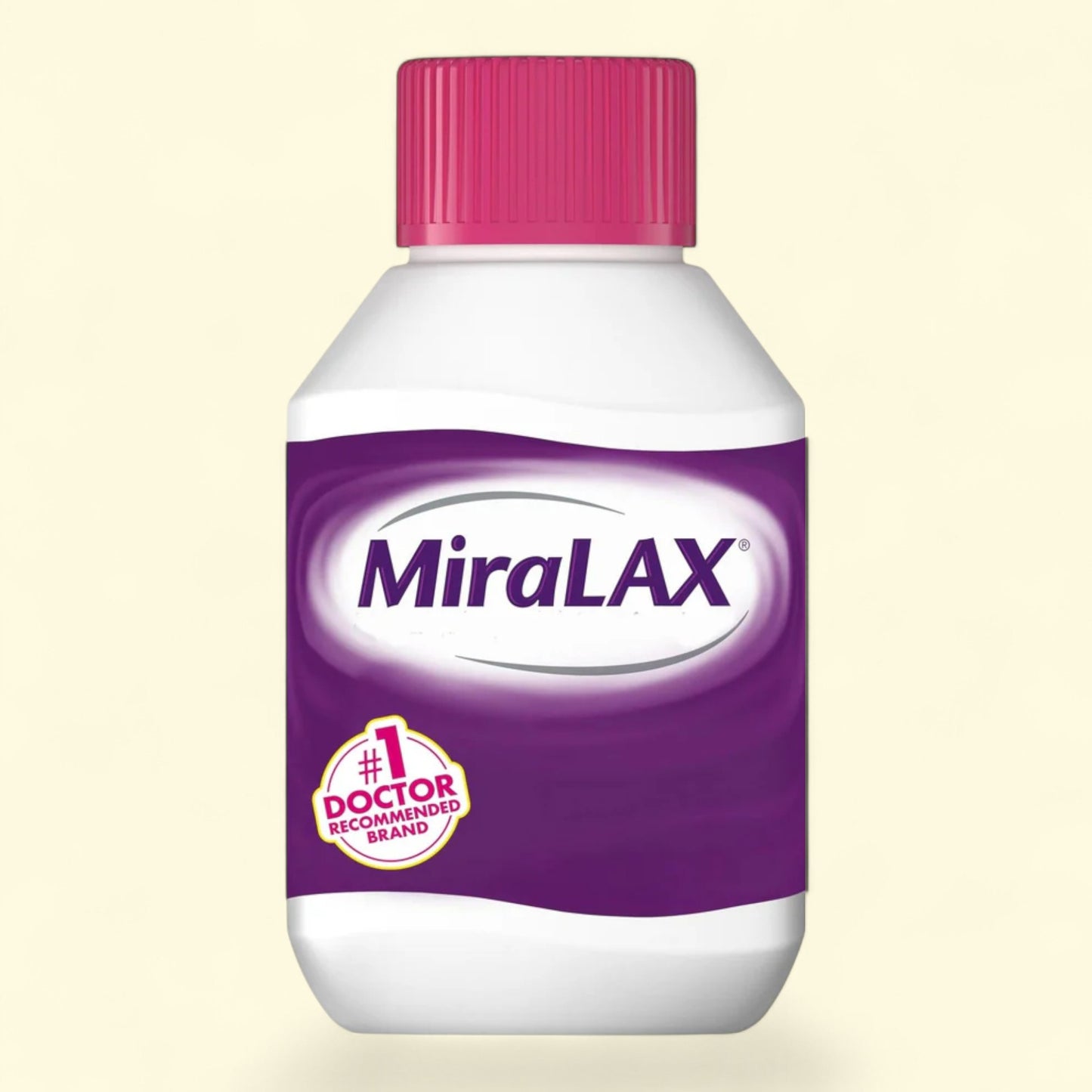 Miralax bottle with purple label and pink cap on a beige background