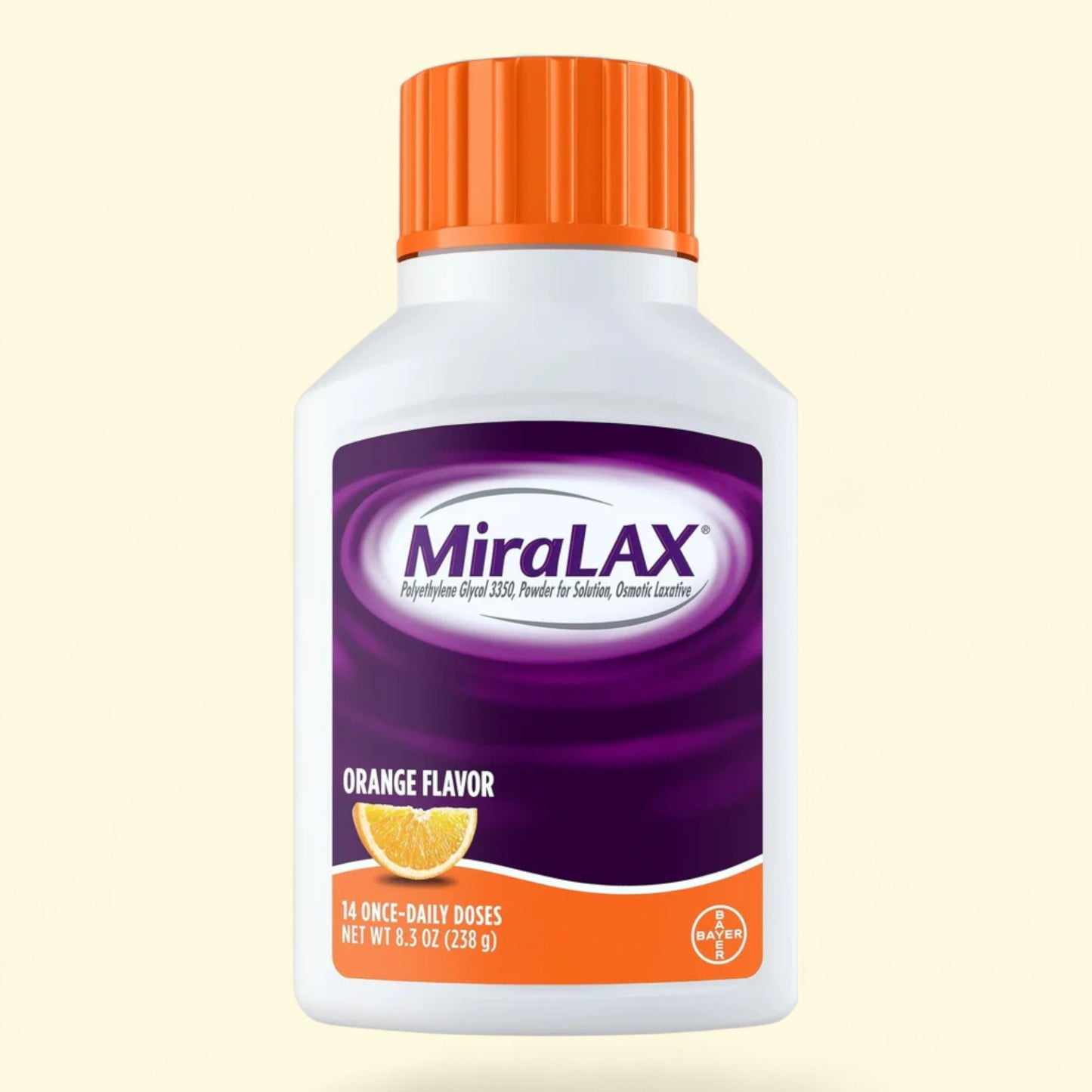 Miralax laxative bottle with orange flavor on a beige background