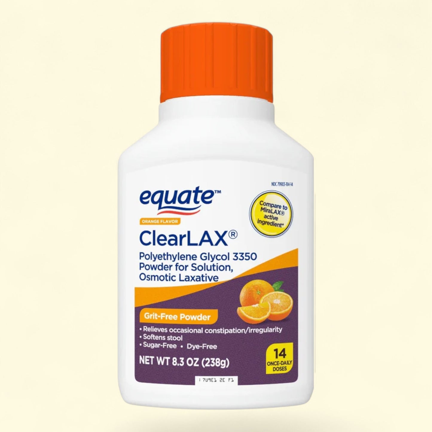 Equate ClearLAX laxative powder bottle on a beige background