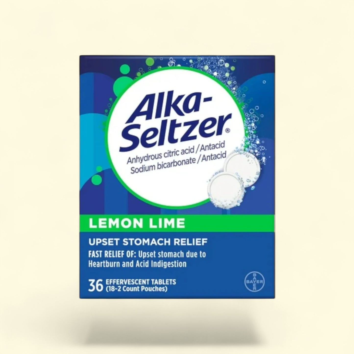 Alka-Seltzer Lemon Lime upset stomach relief packaging on a beige background