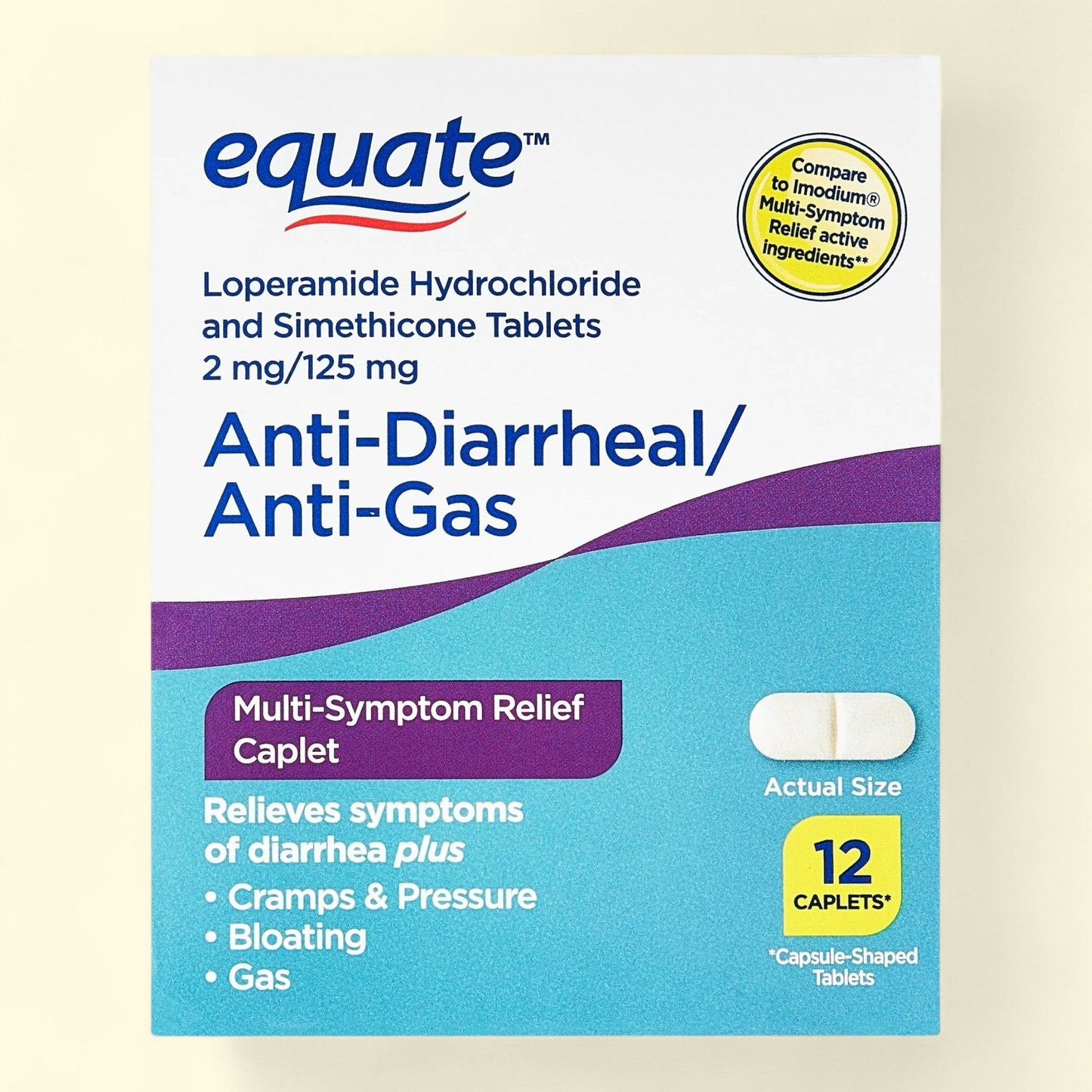 Equate Anti-Diarrheal/Anti-Gas Caplets, 12 Count