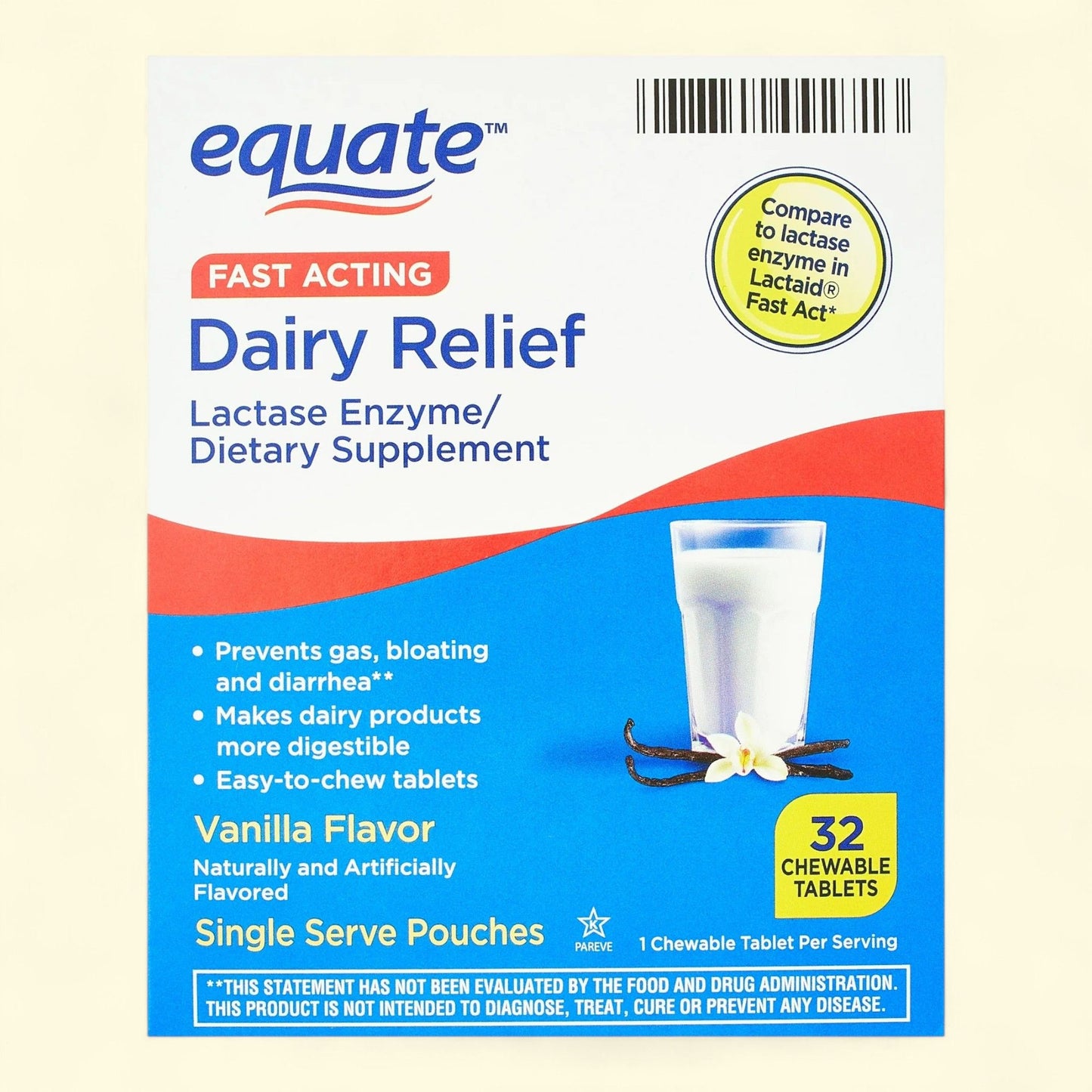 Equate Dairy Relief Lactase Enzyme Chewable Tablets, 32 count