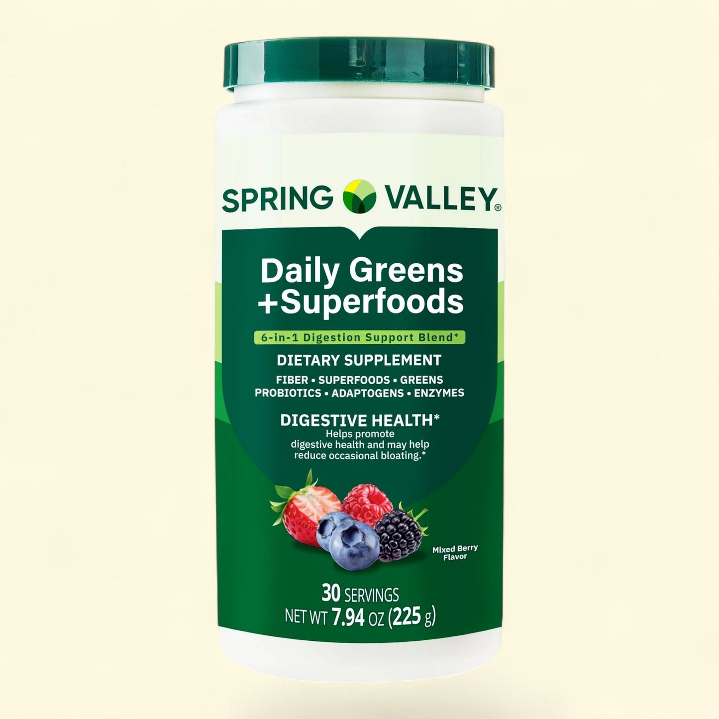 Spring Valley Daily Greens + Super Foods Digestive Health Dietary Supplement, Mixed Berry Flavor, 7.94 oz
