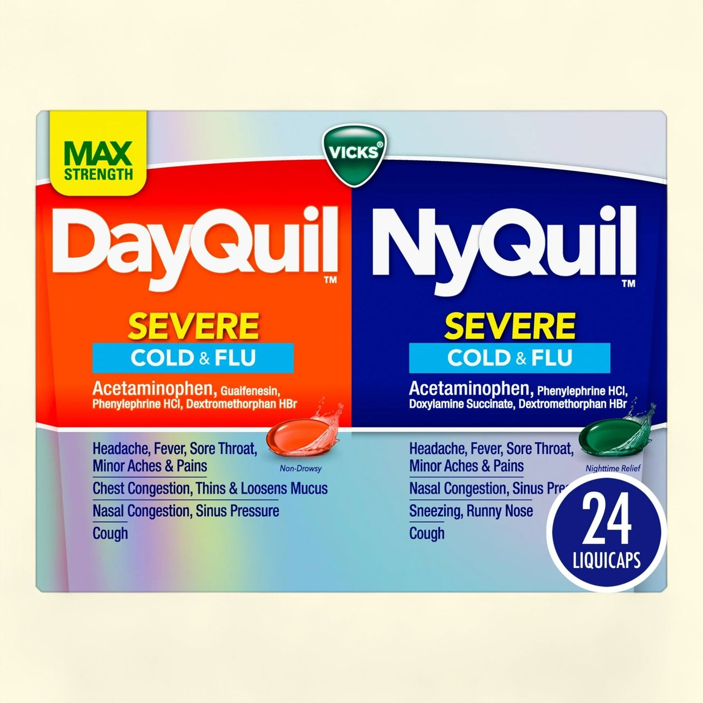 Vicks DayQuil NyQuil Severe Cough, Cold & Flu Relief LiquiCaps, 24 Ct