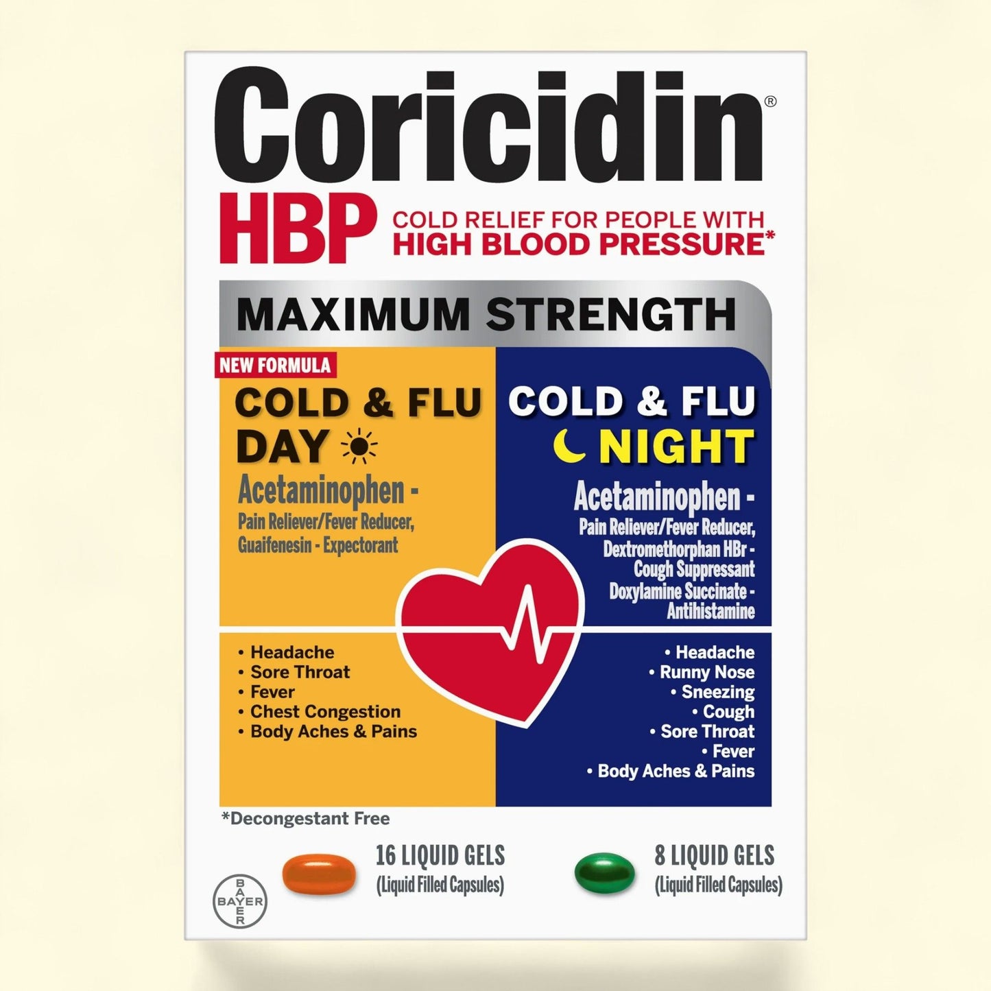 Coricidin HBP, Maximum Strength Cold & Flu Day + Night Liquid Gels, 24 CT