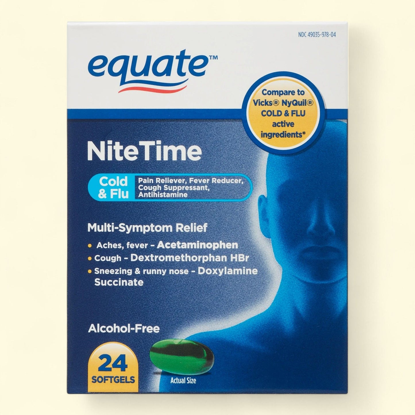 Equate Nighttime Multi-Symptom Cold and Flu Softgels, 24 Count