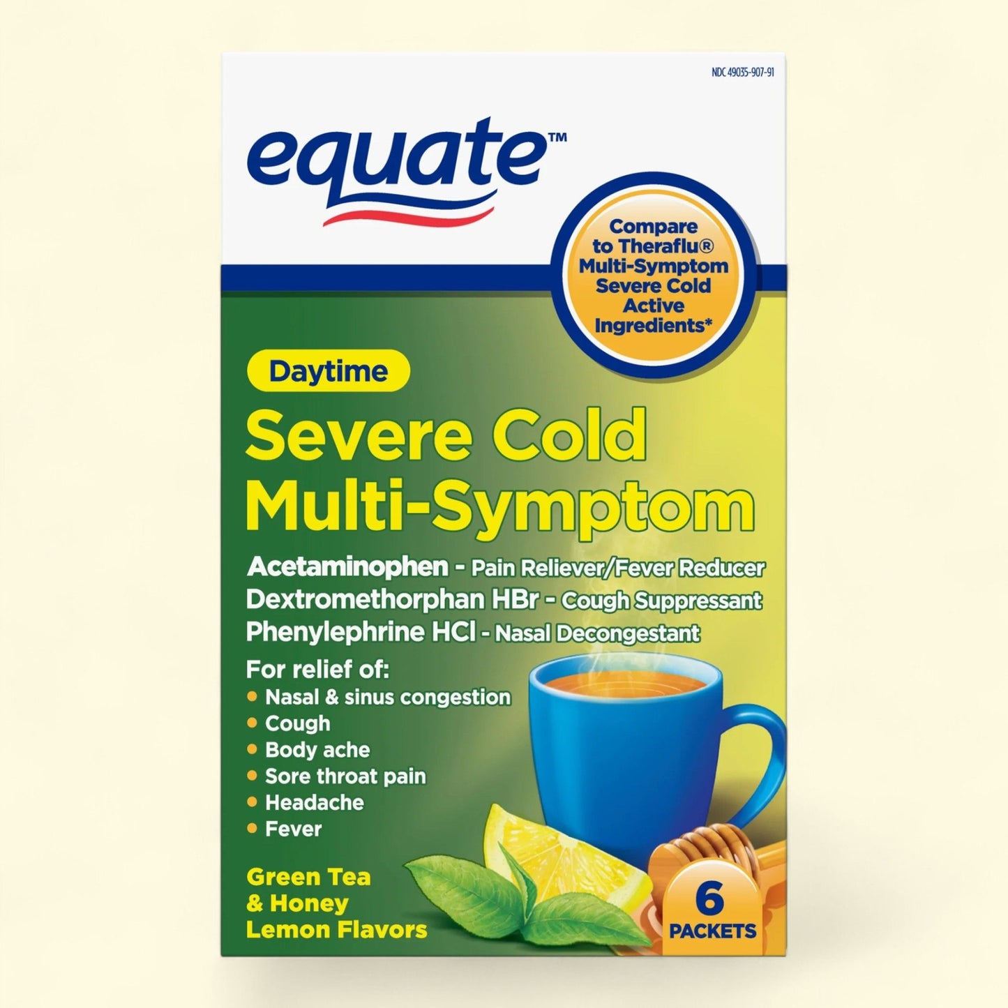 Equate Daytime Severe Cold and Flu Relief, Green Tea and Honey Lemon, 6 Packets