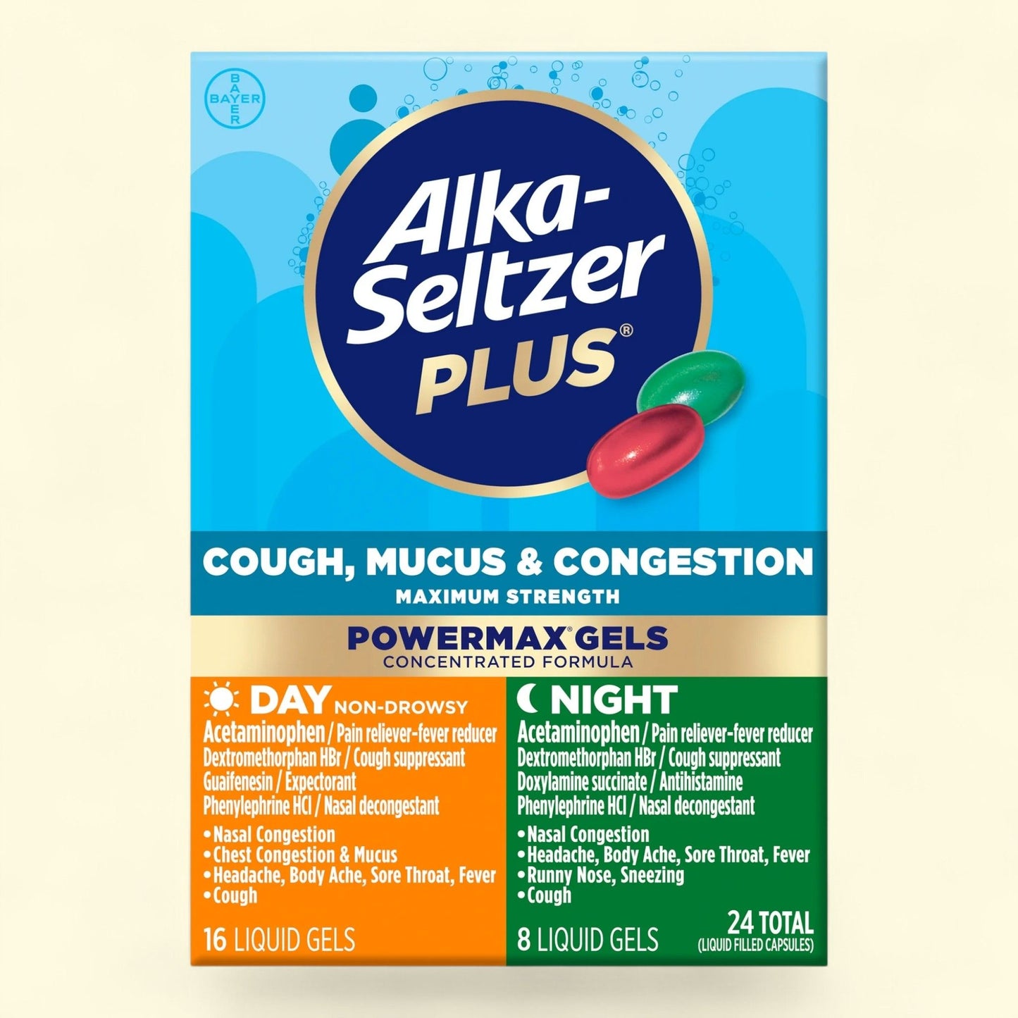 Alka-Seltzer Plus Cough, Mucus & Congestion Medicine, Powermax Liquid Gels, 24 Count