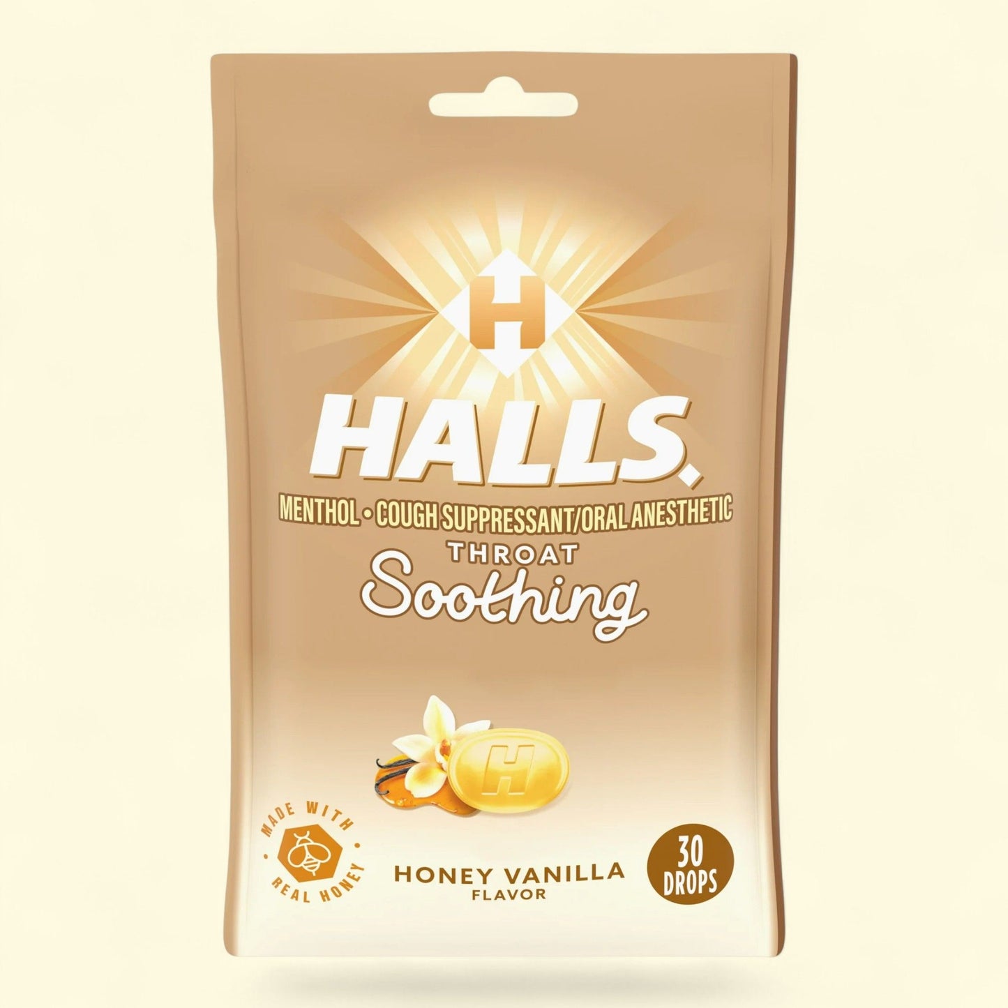 HALLS Throat Soothing Honey Vanilla Cough Drops, 30 Drops