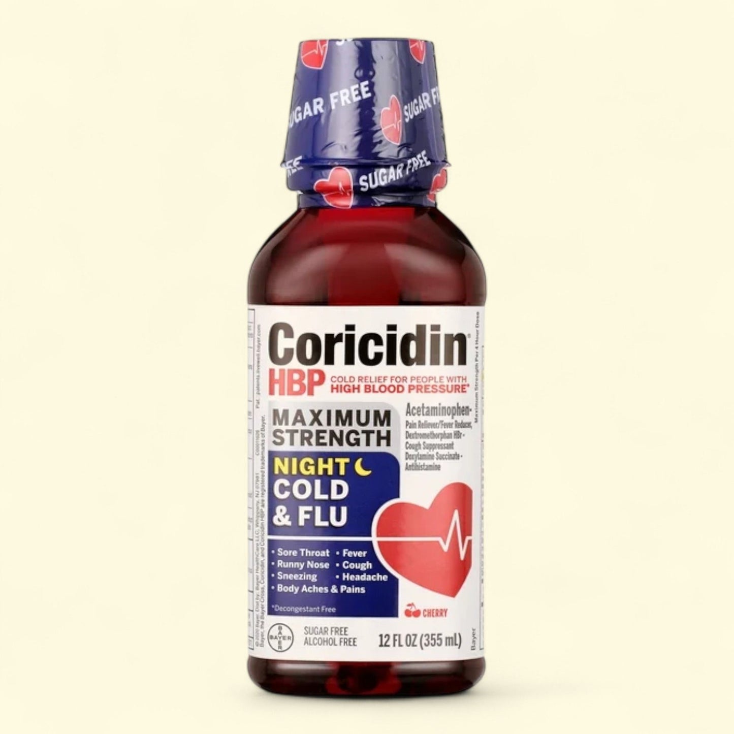 Coricidin HBP Cold & Flu Medicine, Sugar Free Night Liquid, Cherry, 12 fl oz