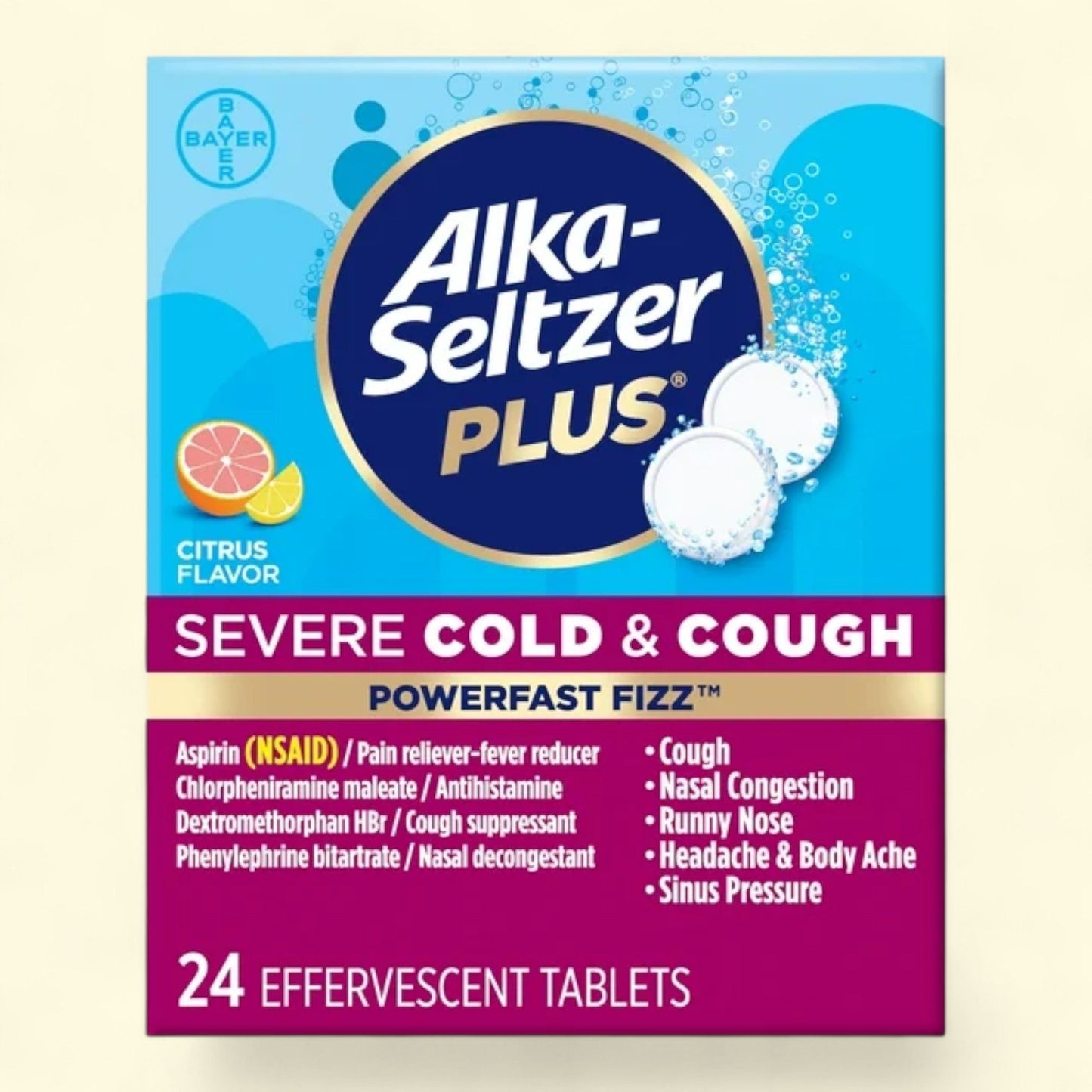 Alka-Seltzer Plus Severe Cold & Cough Medicine, Citrus Effervescent Tablets, 24 Ct