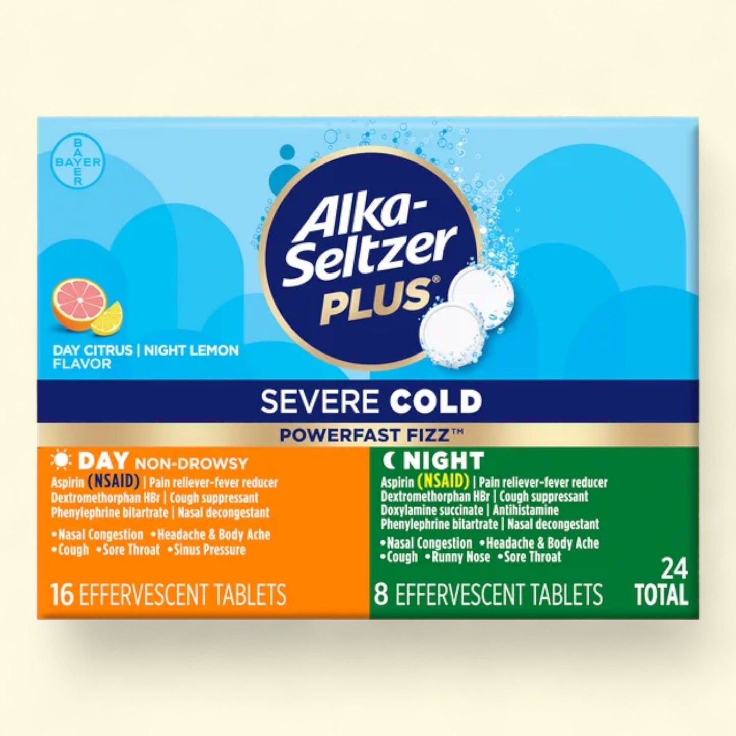 Alka-Seltzer Plus Powerfast Fizz Severe Day + Night Cold Medicine, 24 Count
