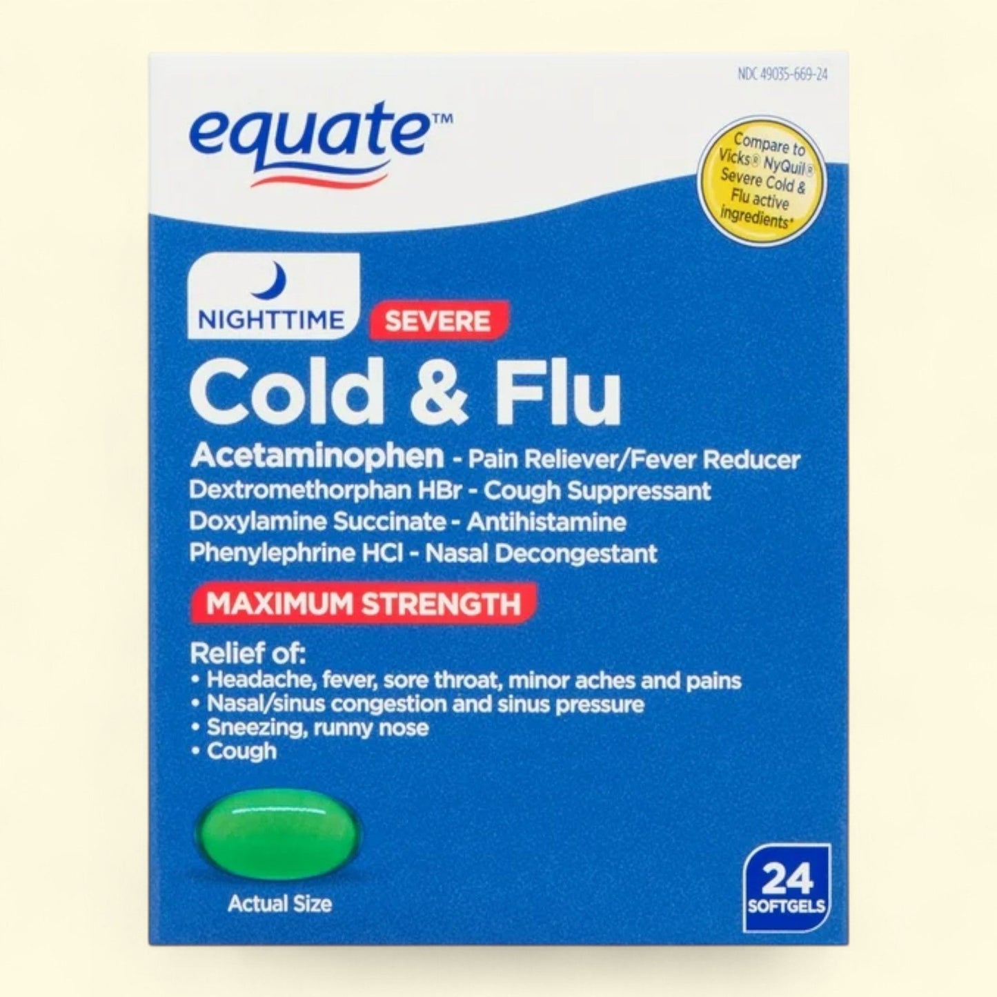 Equate Nighttime Maximum Strength Cold and Flu Softgels, 24 Count
