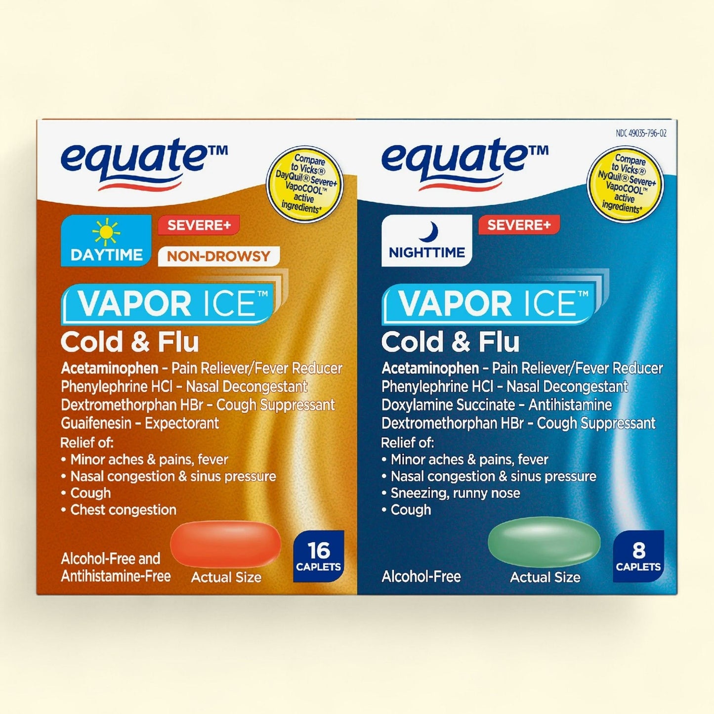 Equate Vapor Ice Severe Cold and Flu Caplets, Combo Pack, 24 Count